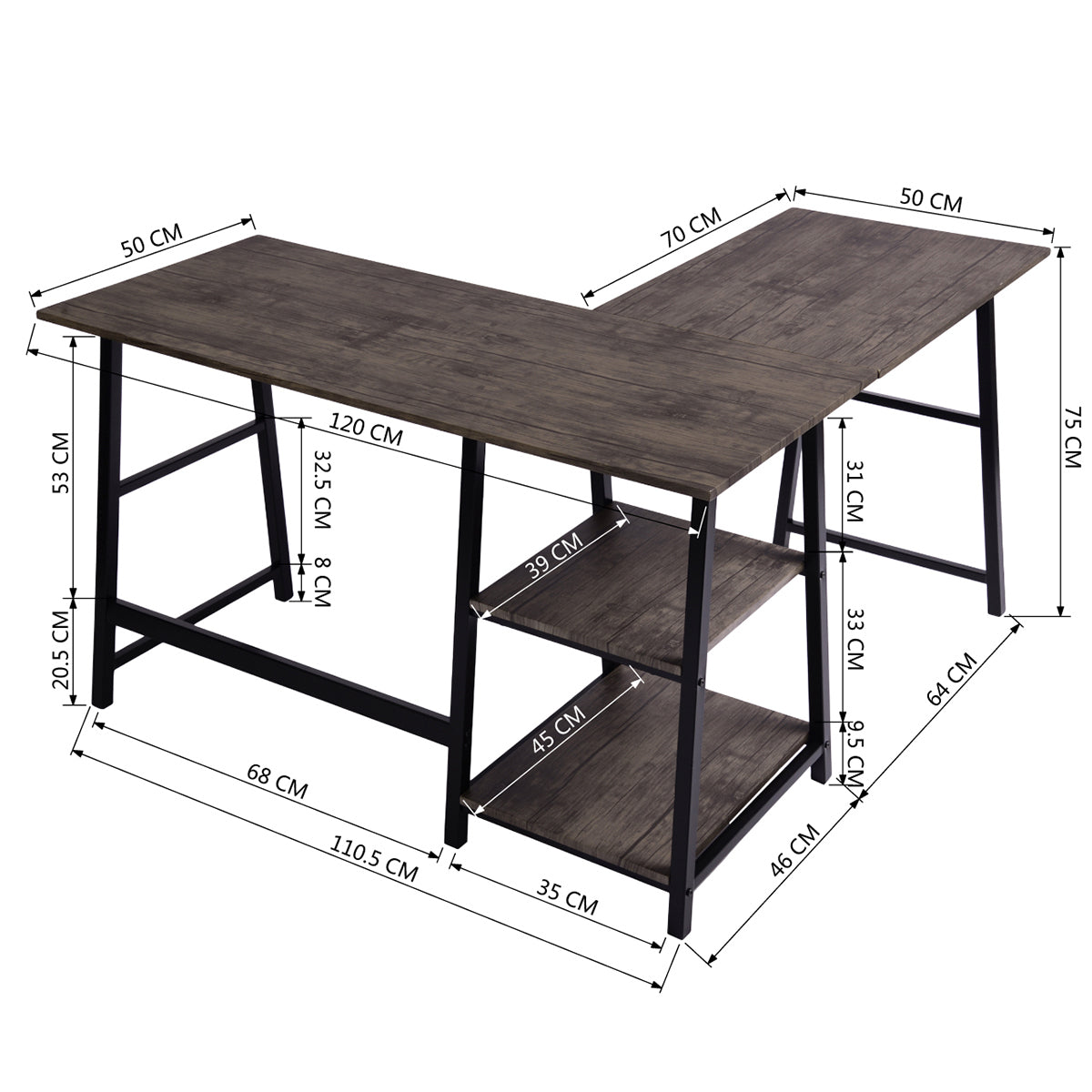 Rustic Vintage Brown L-Shaped Industrial Computer Desk with Open Shelves