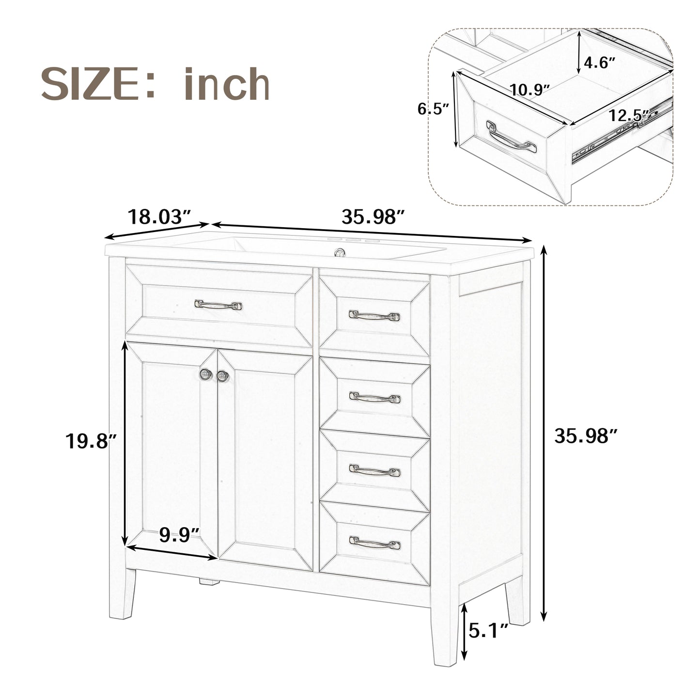 36" Bathroom Vanity with Sink Combo, Black Bathroom Cabinet with Drawers, Solid Frame and MDF Board