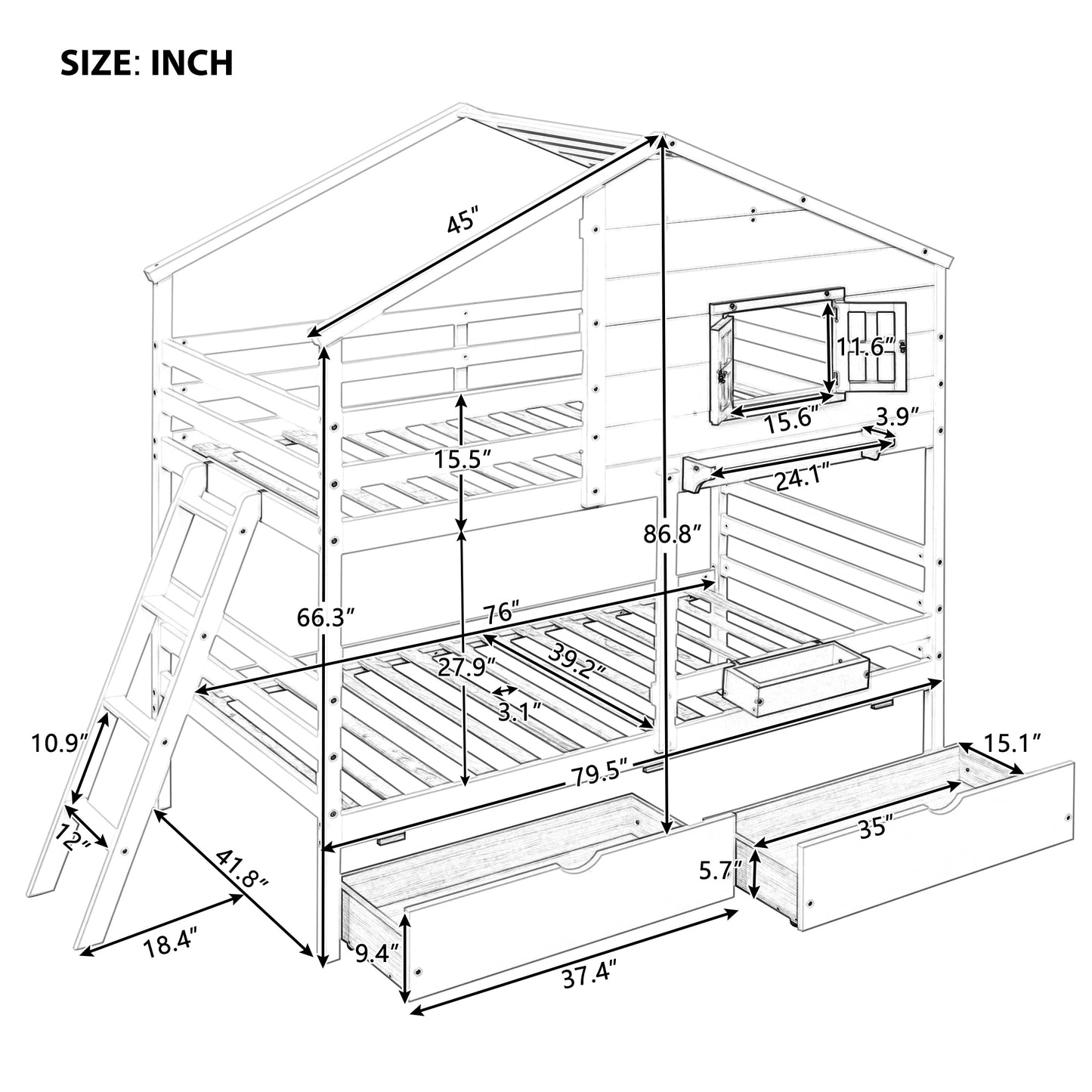 White Playhouse-Inspired Twin Bunk Bed with Storage and Roof