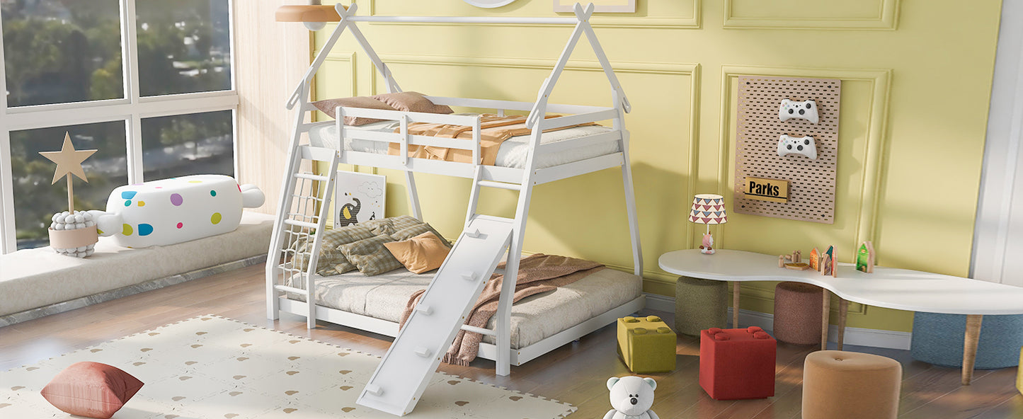 Twin and Queen Climbing House Bunk Bed with Nets and Ramp in White