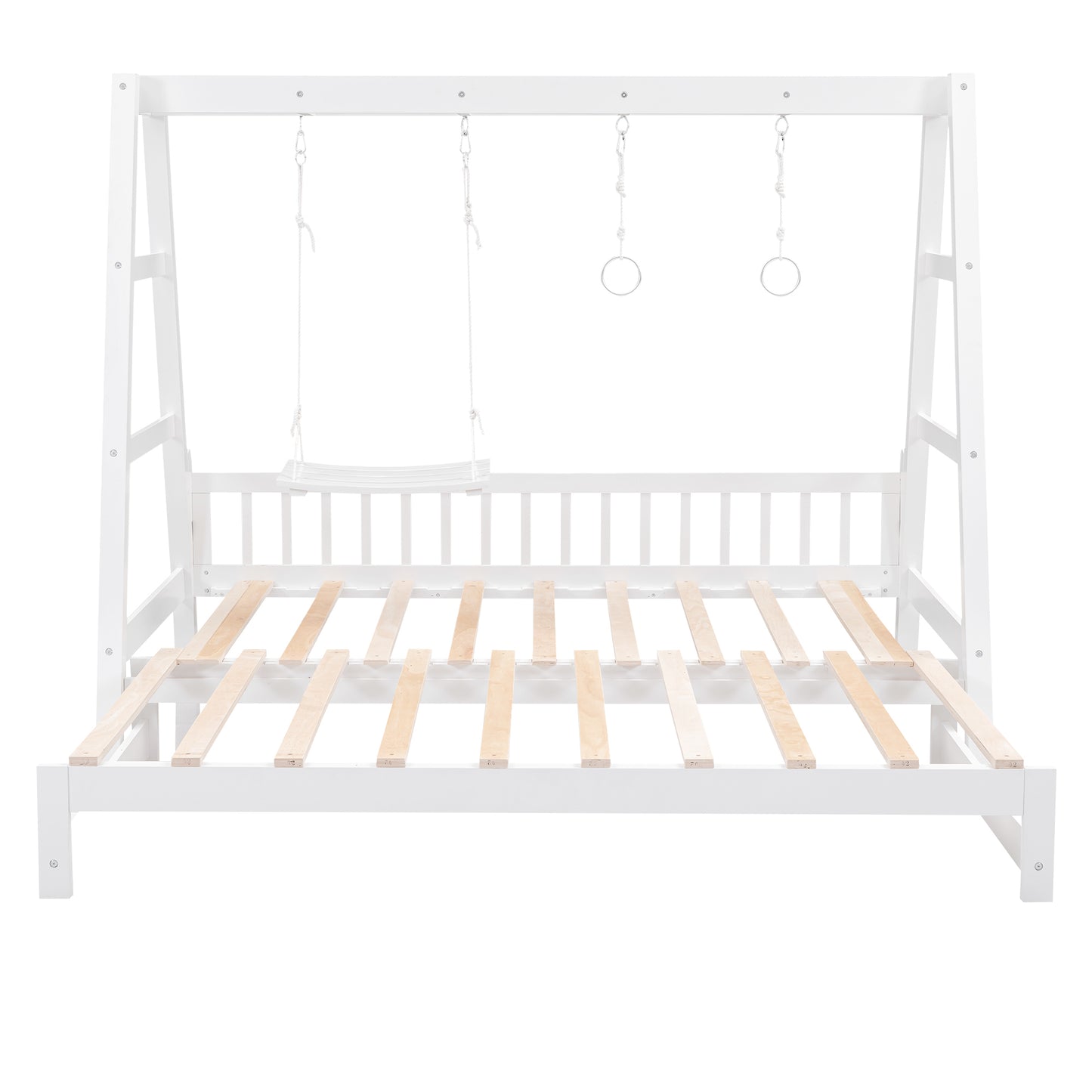 Extendable Twin Daybed with Swing and Ring Handles, White(Twin bed can be pulled out to be King)