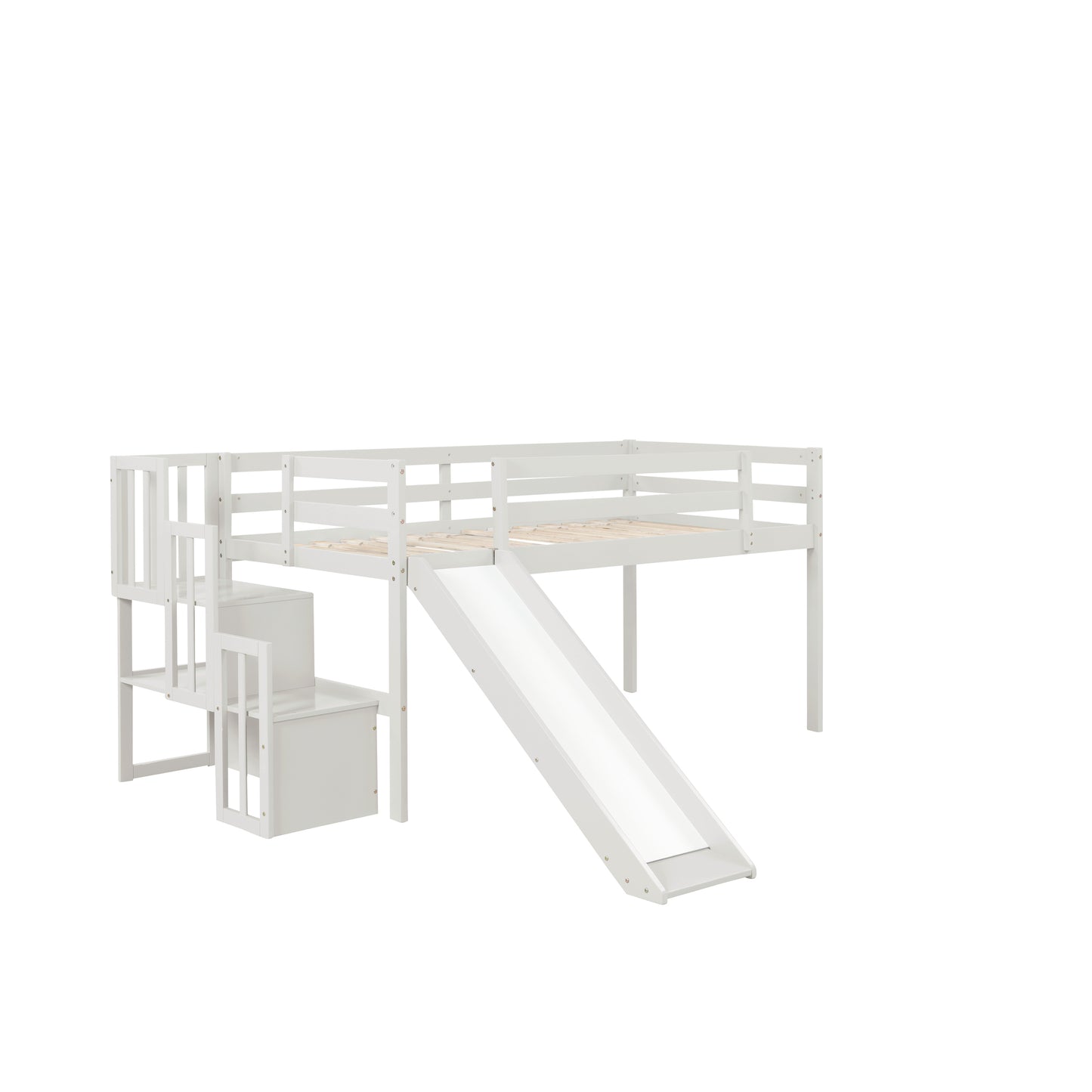 Loft Bed with Staircase, Storage, Slide, Twin size, Full-length Safety Guardrails, No Box Spring Needed, White