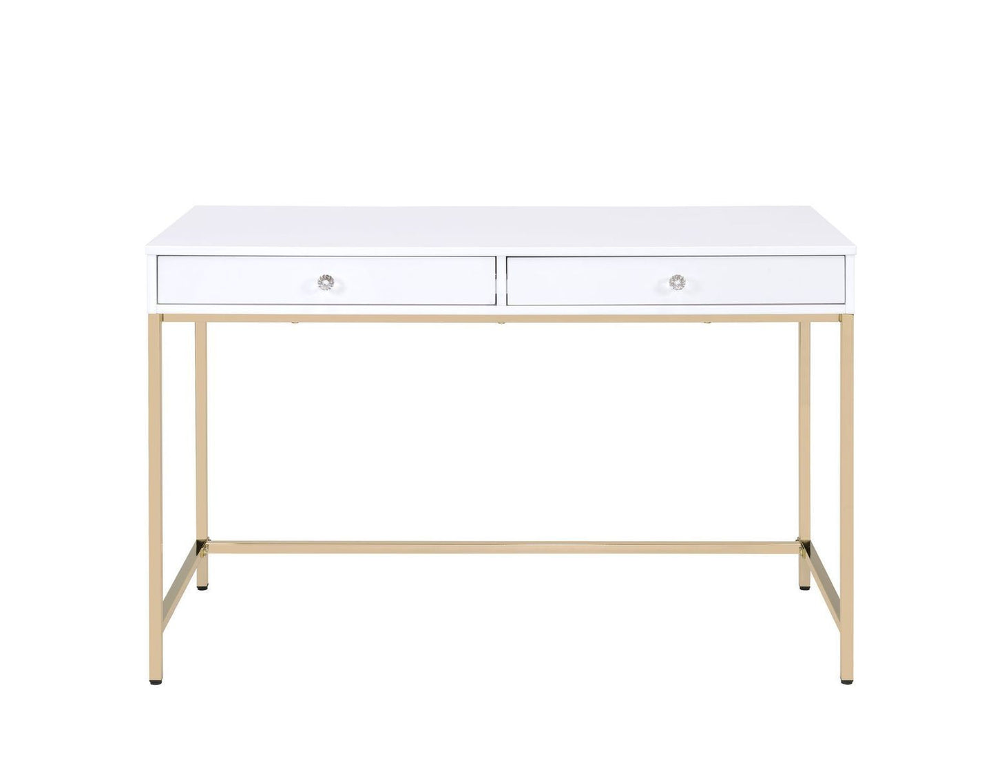 Elegant White High Gloss Office Desk with Gold Metal Accents and Storage