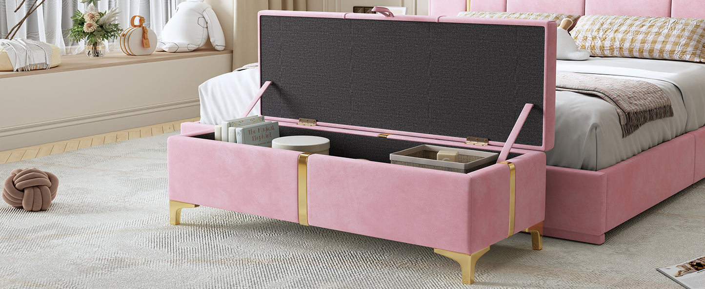 Elegant Upholstered Storage Ottoman,Storage Bench with Metal Legs for Bedroom,Living Room,Fully Assembled Except Legs,Pink