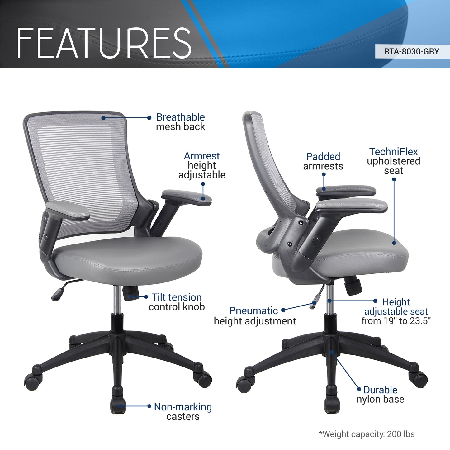 Mid-Back Mesh Task Office Chair with Height Adjustable Arms, Grey