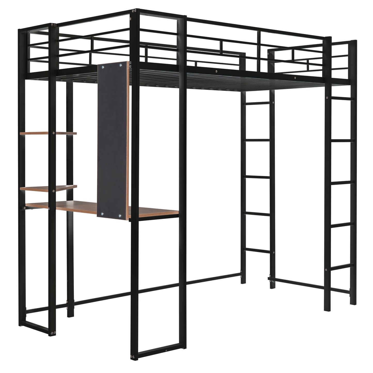 Twin Metal Loft Bed with 2 Shelves and one Desk ,BLACK(: MF281206AAB)