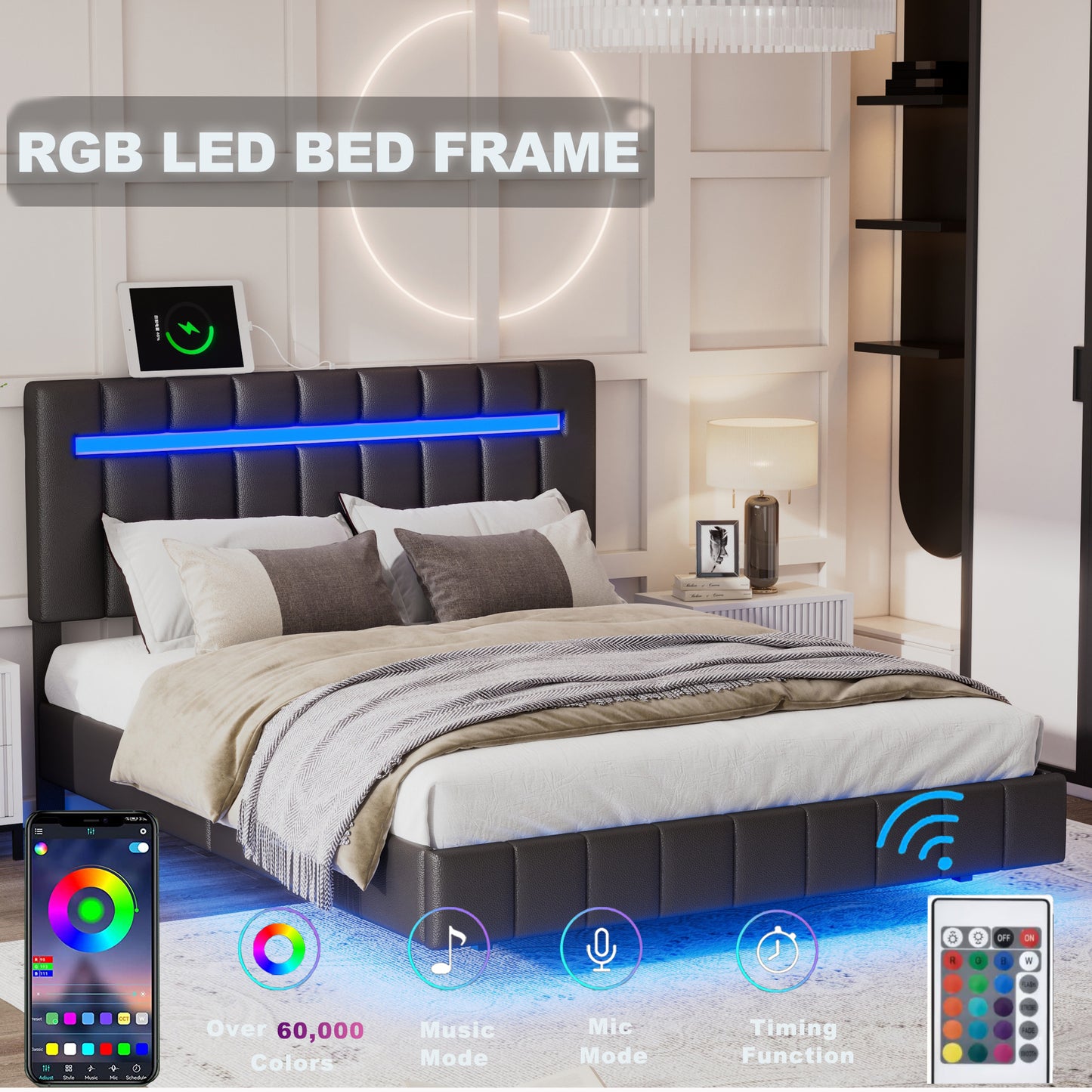 Full Size Floating Bed Frame with LED Lights and USB Charging,Modern Upholstered Platform LED Bed Frame,Black(Full)