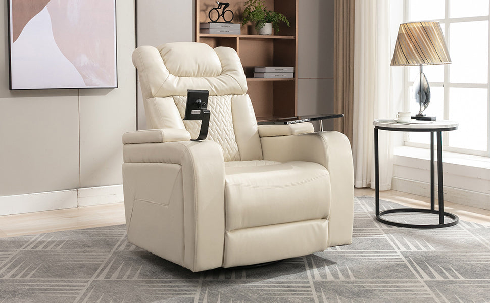 Power Recliner with Swivel, Cup Holder, USB Port, and Tray Table, White