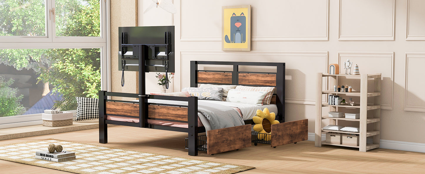 Twin Size Metal Platform Bed with MDF Headboard and Footboard,Two Storage Drawers and Rotatable TV Stand,Black - Modern Industrial Design Twin Bed with TV Stand and Storage