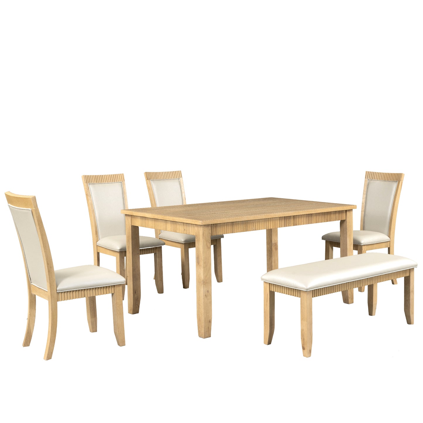 Rustic Solid Wood 6-piece Dining Table Set, PU Leather Upholstered Chairs and Bench, Natural Wood Wash