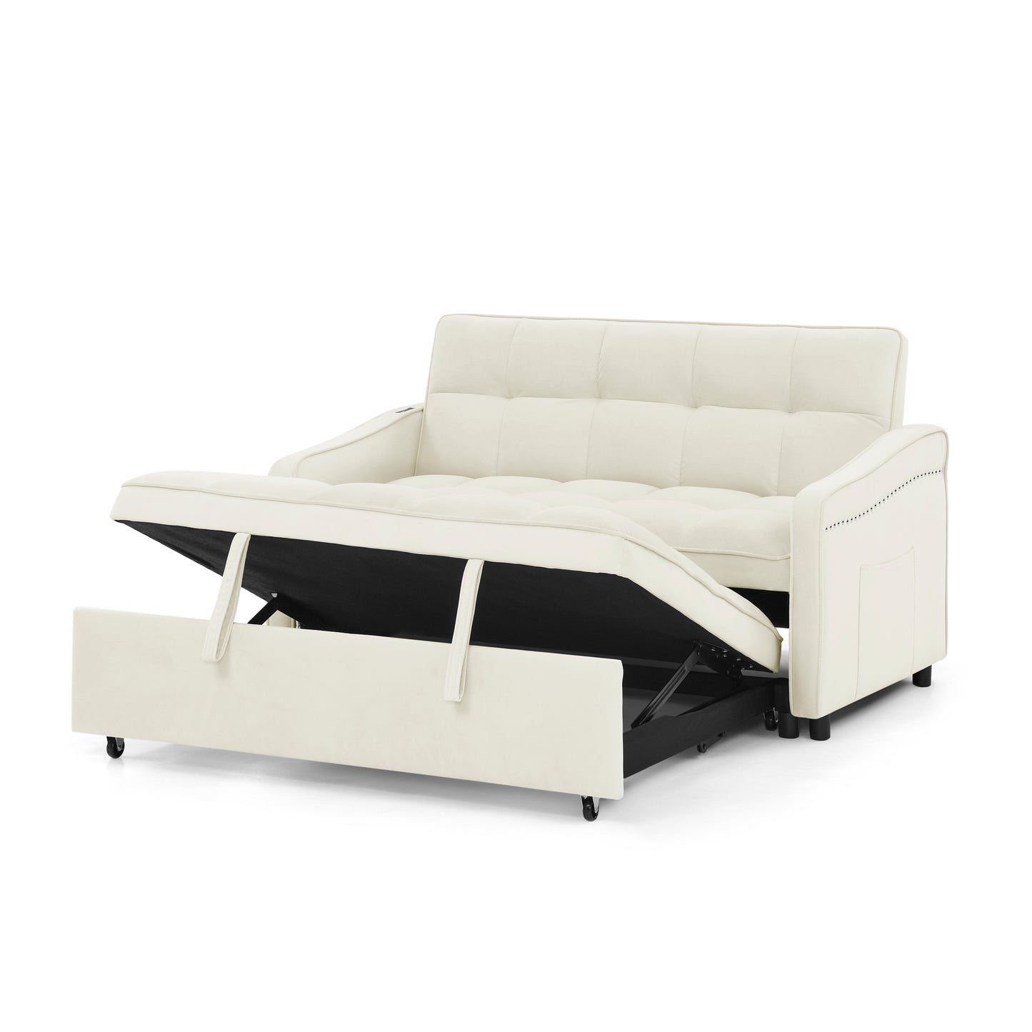 Loveseats Sofa Bed with Pull-out Bed,Adjsutable Back and Two Arm Pocket,TypeC and USB Charging with Copper nail,Beige (47"x53"x31")