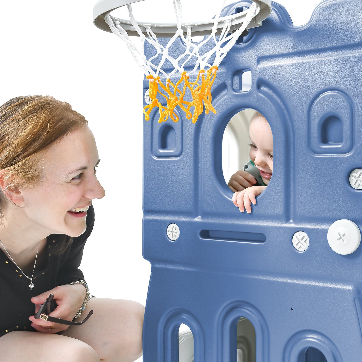 Kids Slide Playset Structure, Freestanding Castle Climber with Slide and Basketball Hoop, Toy Storage Organizer for Toddlers, Kids Climbers Playhouse for Indoor Outdoor Playground Activity.