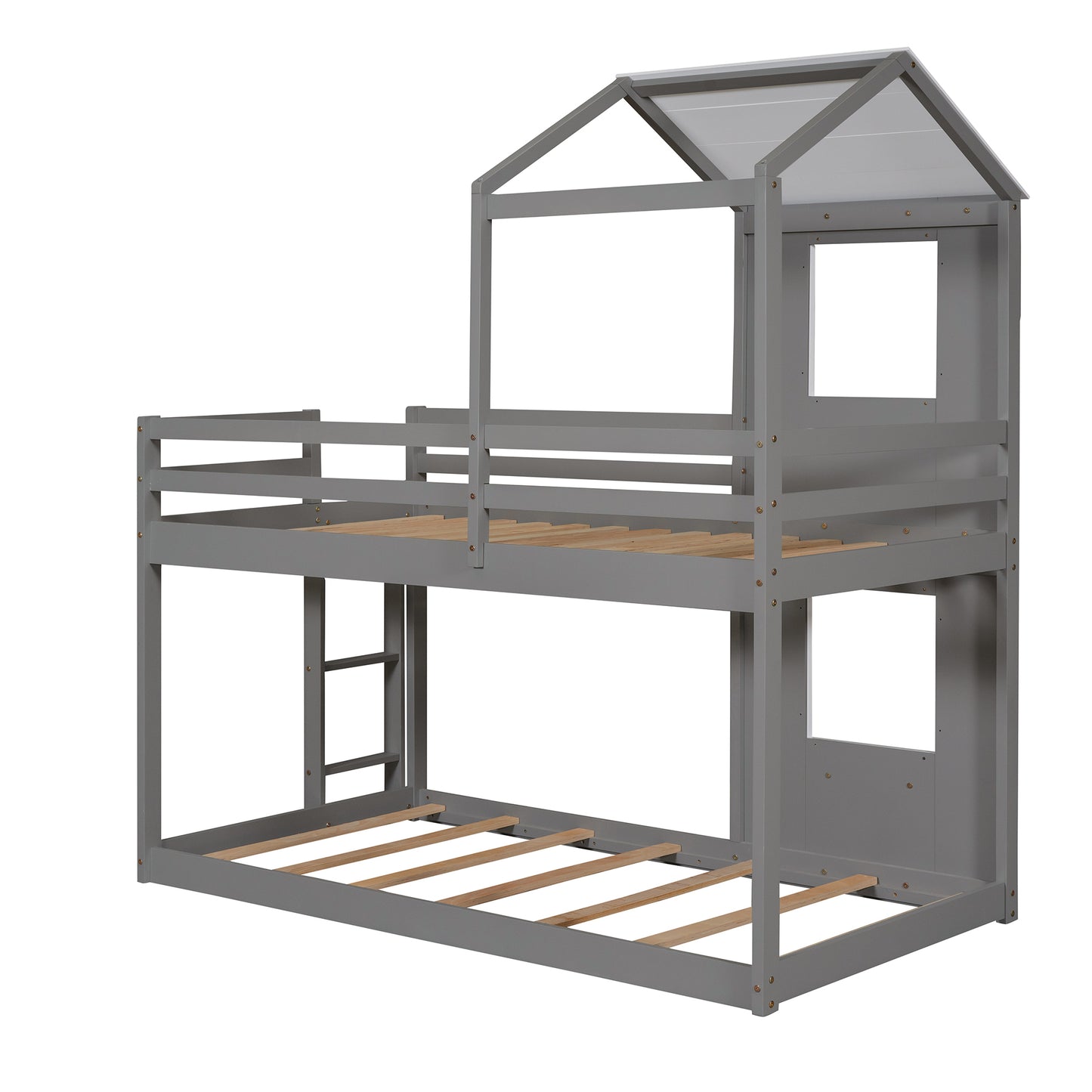 Twin Over Twin Playhouse Bunk Bed with Pitched Roof and Window (White)