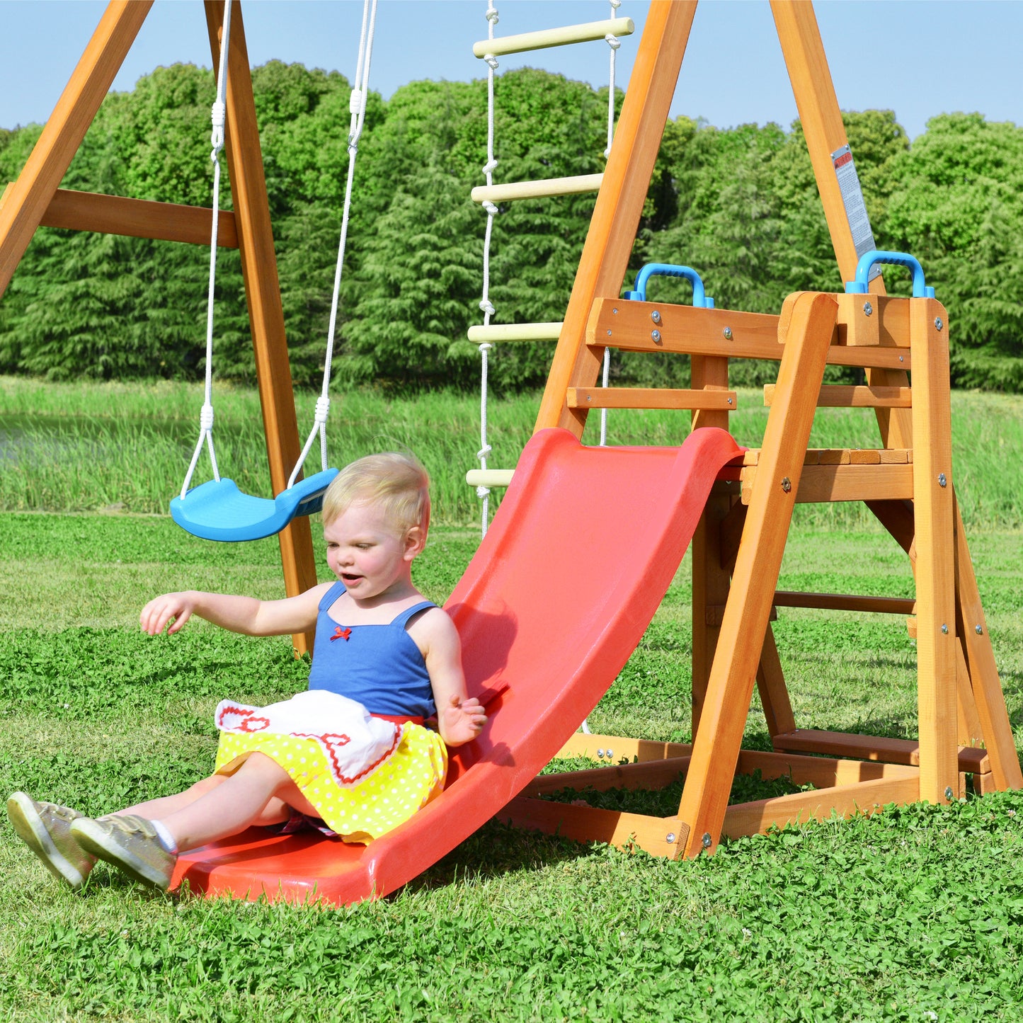 Wooden Outdoor Swing Set with Slide, Climbing Rope Ladder, and Swing for Kids