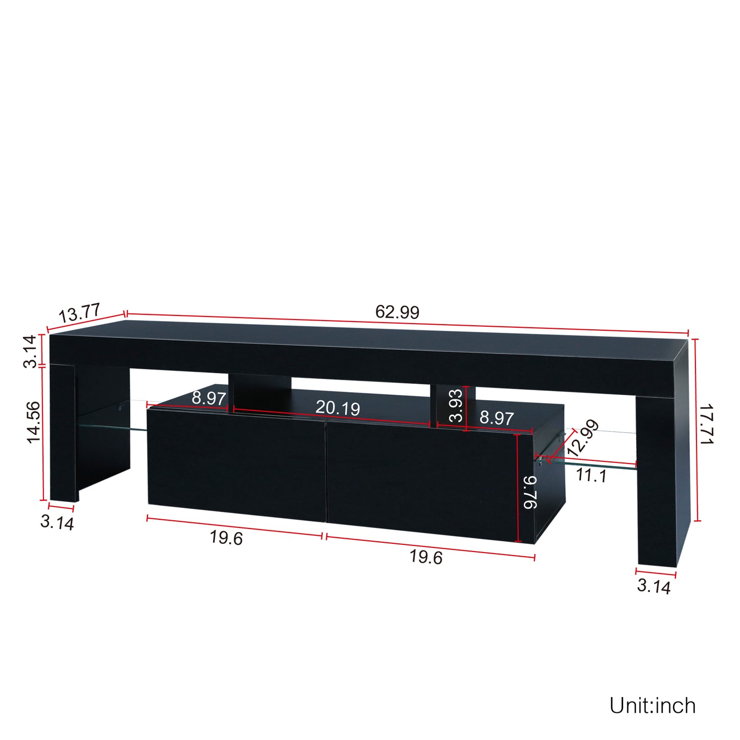 Sleek Black TV Stand with 20 Color LED Lights and Remote Control