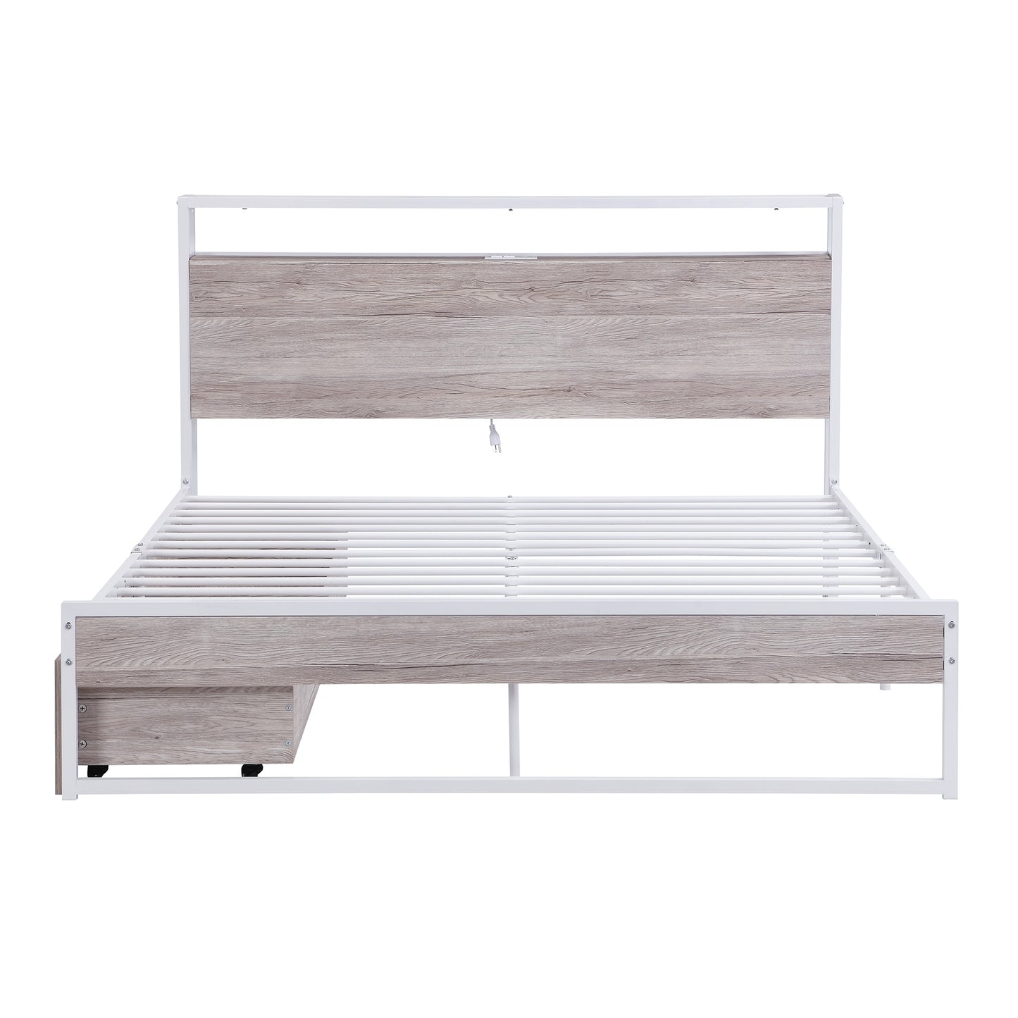 Queen Size Metal Platform Bed Frame with Two Drawers,Sockets and USB Ports ,Slat Support No Box Spring Needed  White