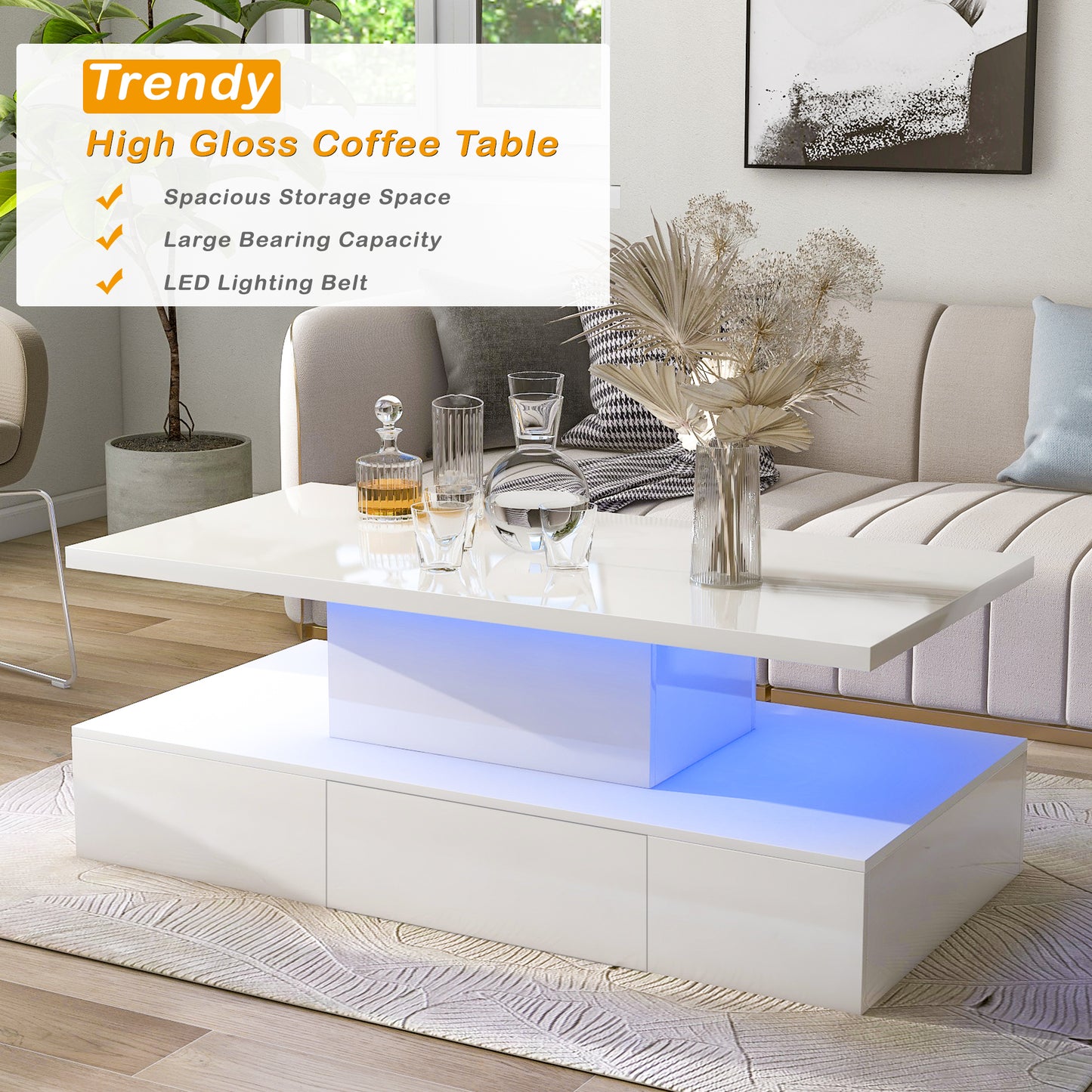 Luxurious White Coffee Table with LED Lighting and Drawer