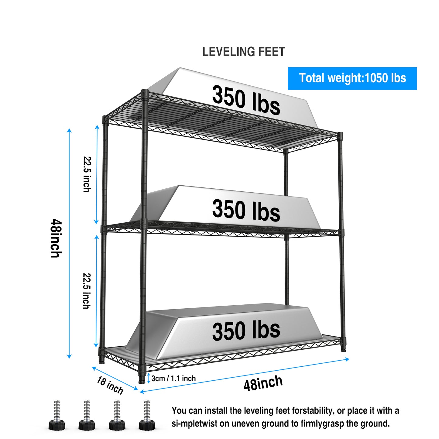 3 Tier Wire Shelving Unit, 1050 LBS NSF Height Adjustable Metal Garage Storage Shelves, Heavy Duty Storage Wire Rack Metal Shelves - Black