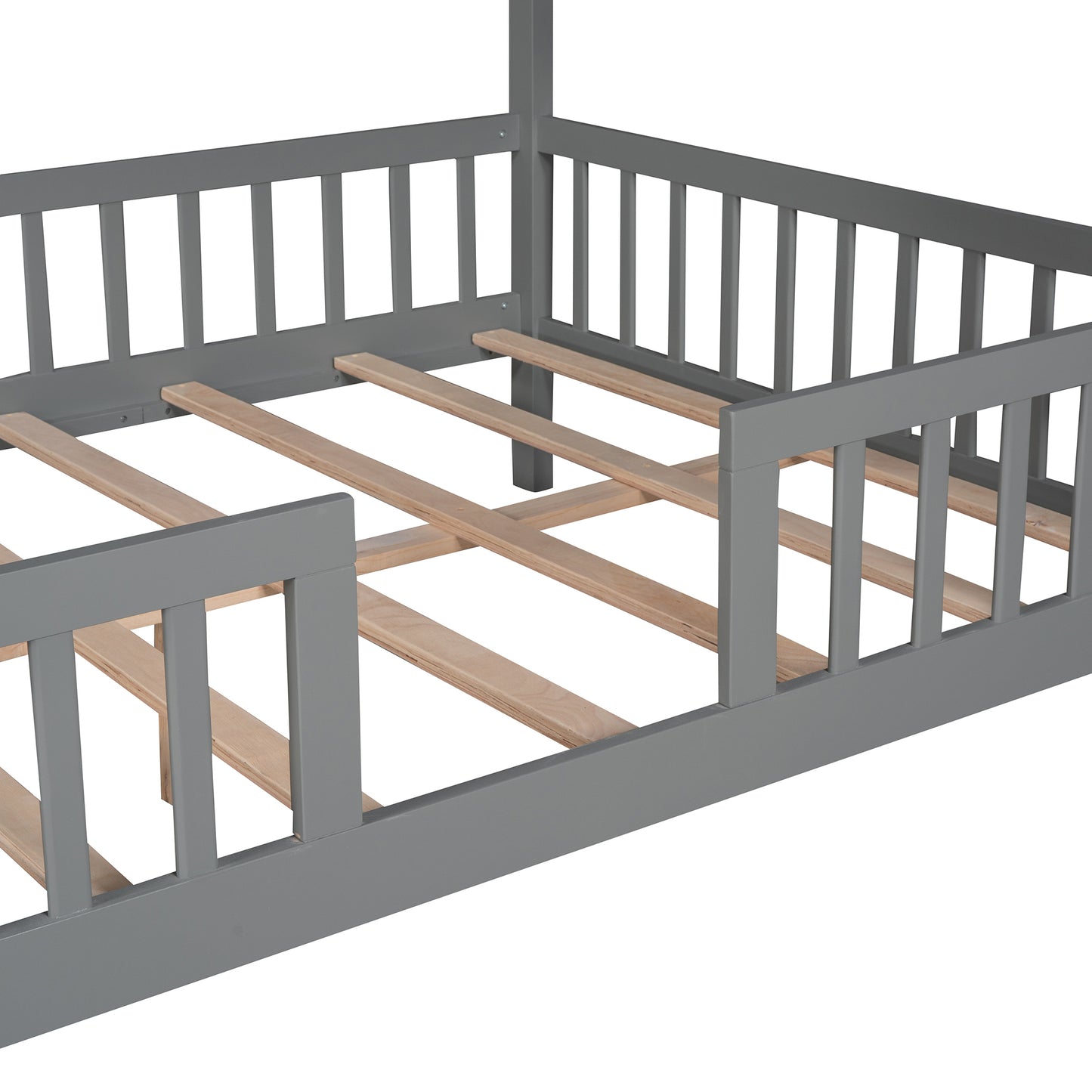 Full Size Wood House Bed with Fence, Gray