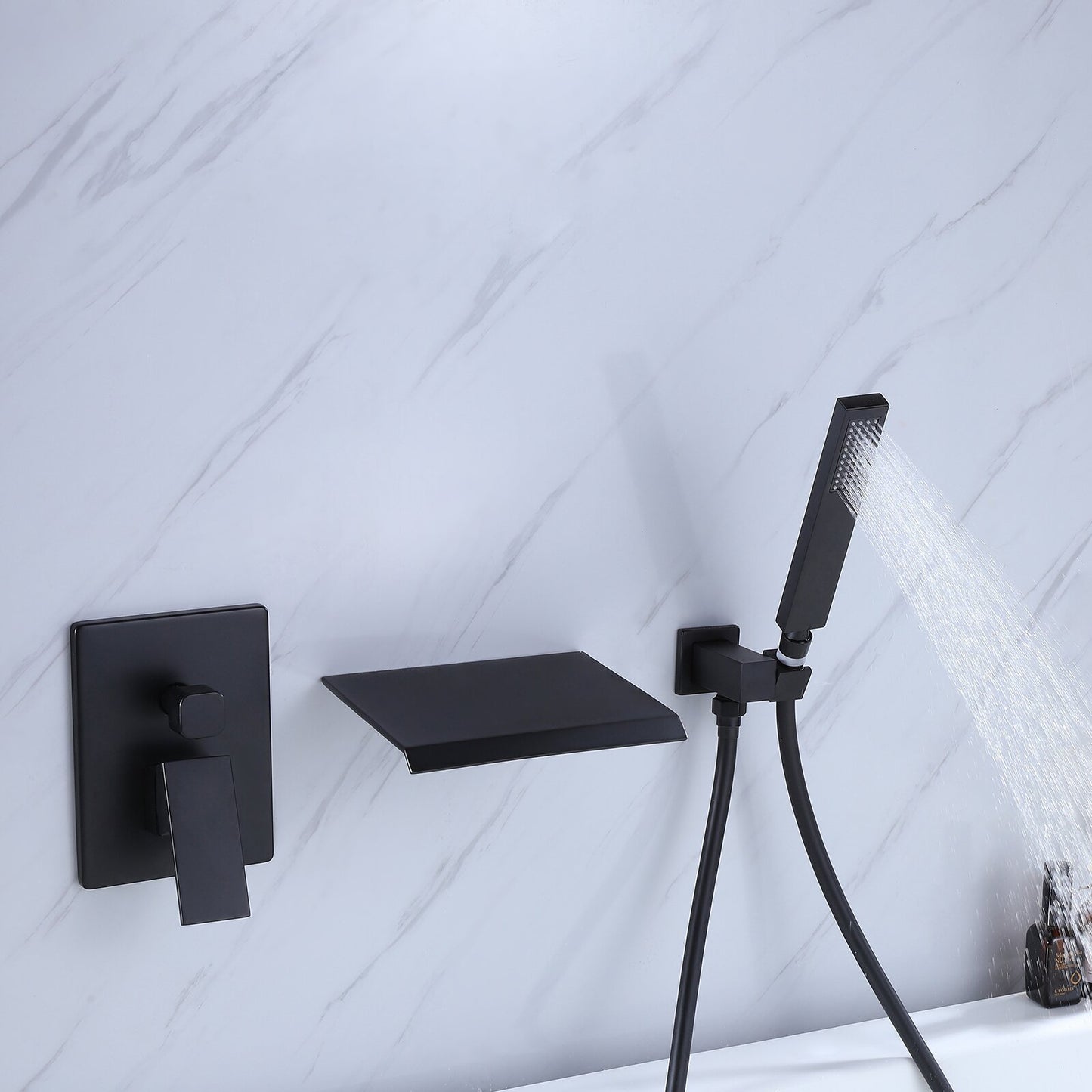 Matte Black Wall-Mount Tub Filler with Handheld Shower Head