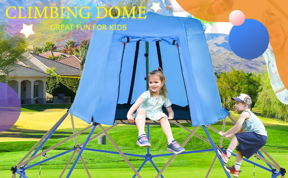 Climbing Dome with Canopy and Playmat - 10 ft Colorful Geometric Playground Jungle Gym