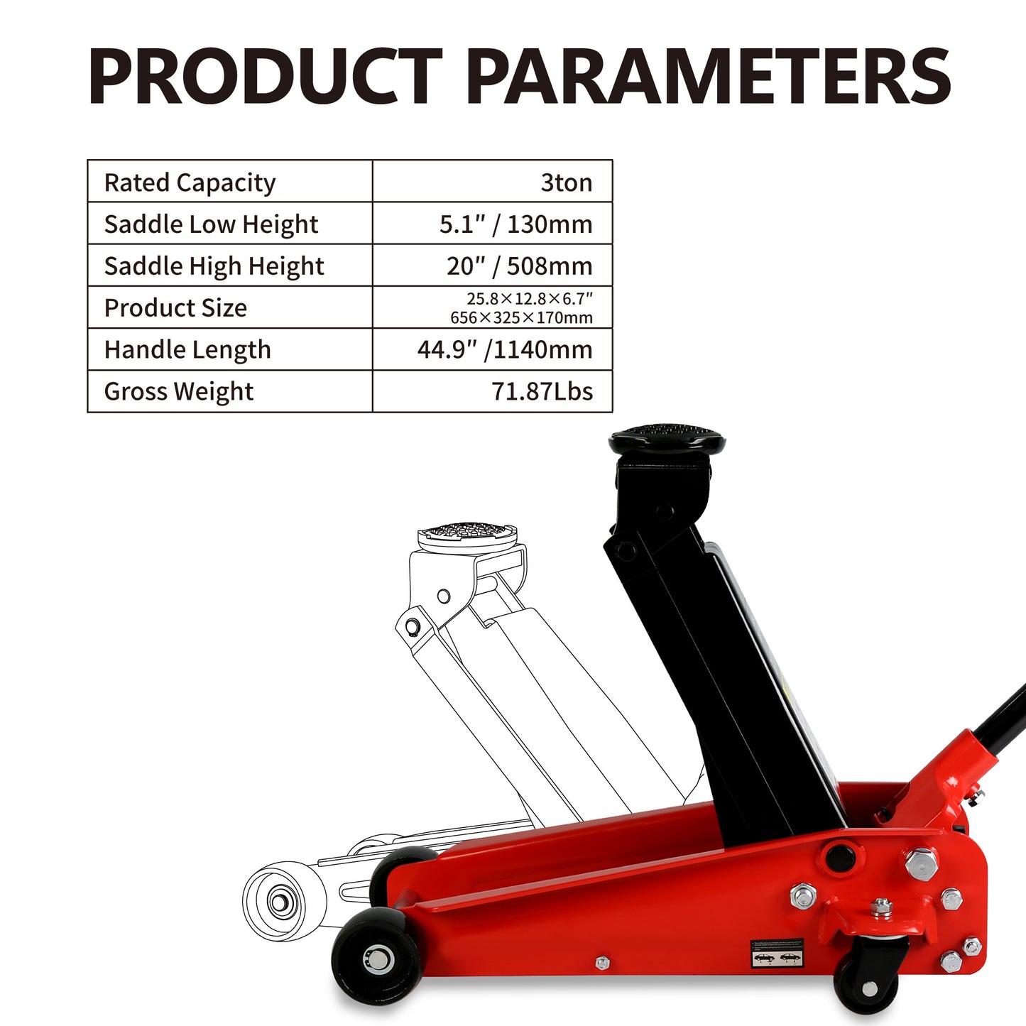 Low Profile Hydraulic Trolley Racing Floor Jack, 3-Ton Capacity