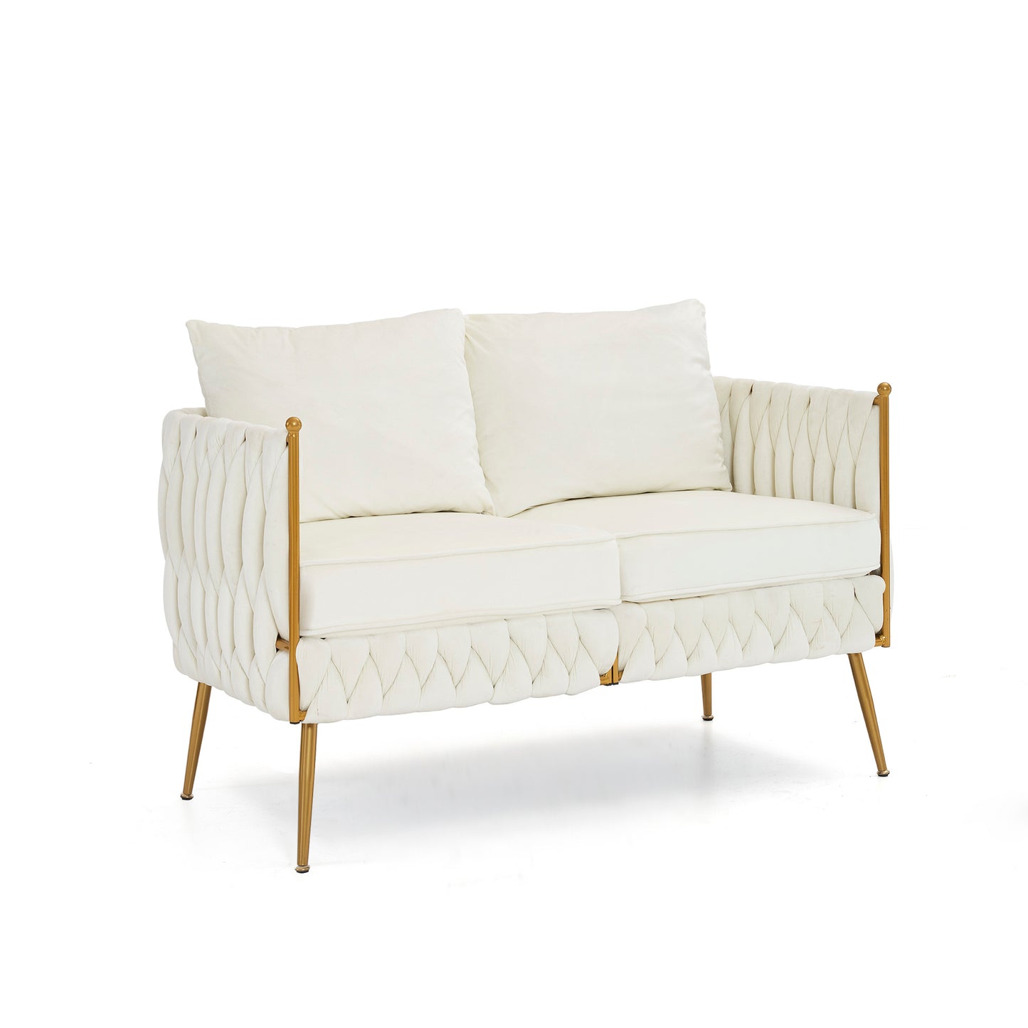 Luxurious 3-Piece Cream White Velvet Living Room Set with Hand-Woven Tufted Back and Golden Metal Legs