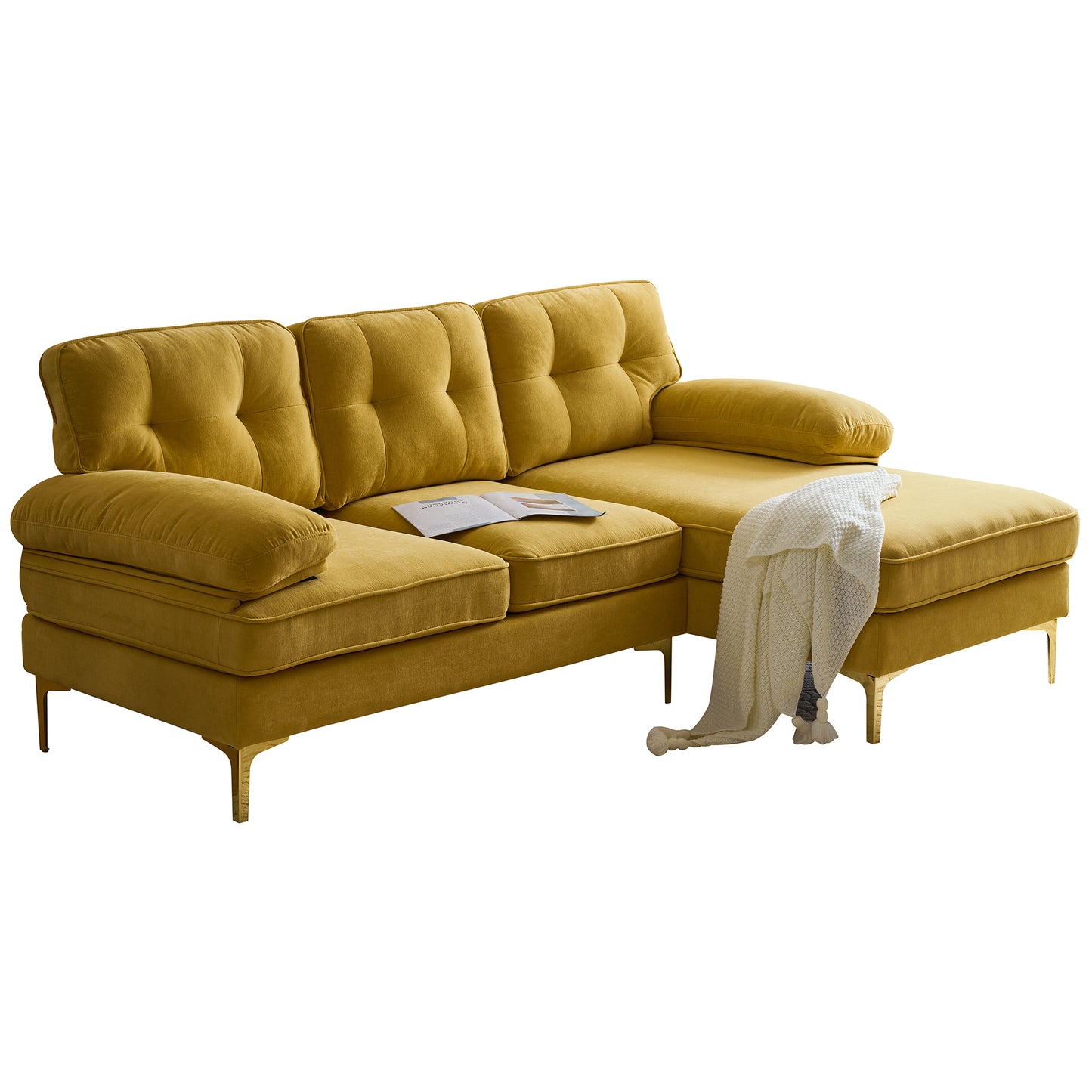 Modern Yellow Velvet L-Shaped Sectional Sofa for Living Room or Bedroom