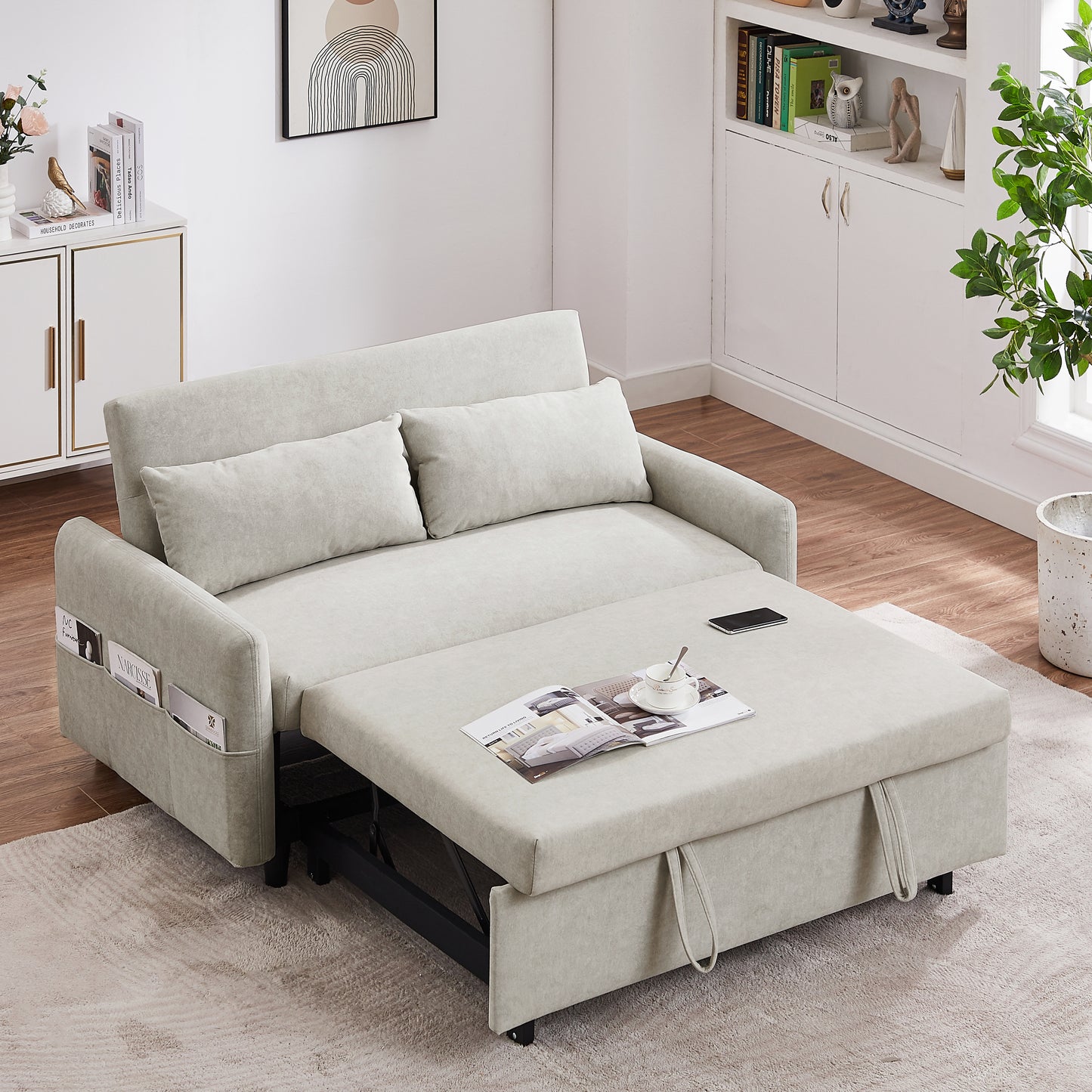 Adjustable Pull Out Sleep Sofa Bed Loveseat Couch with Storage Pockets, USB Ports, Beige