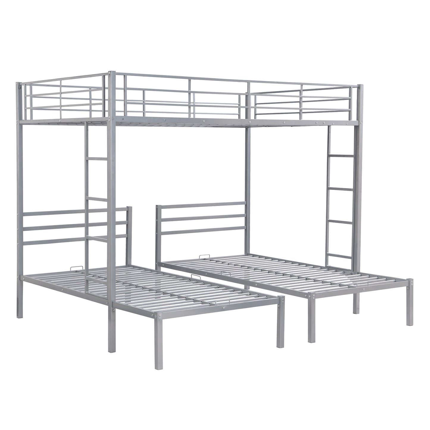 Space-Saving Silver Metal Triple Bunk Bed with Storage Shelf - Full over Twin & Twin Size