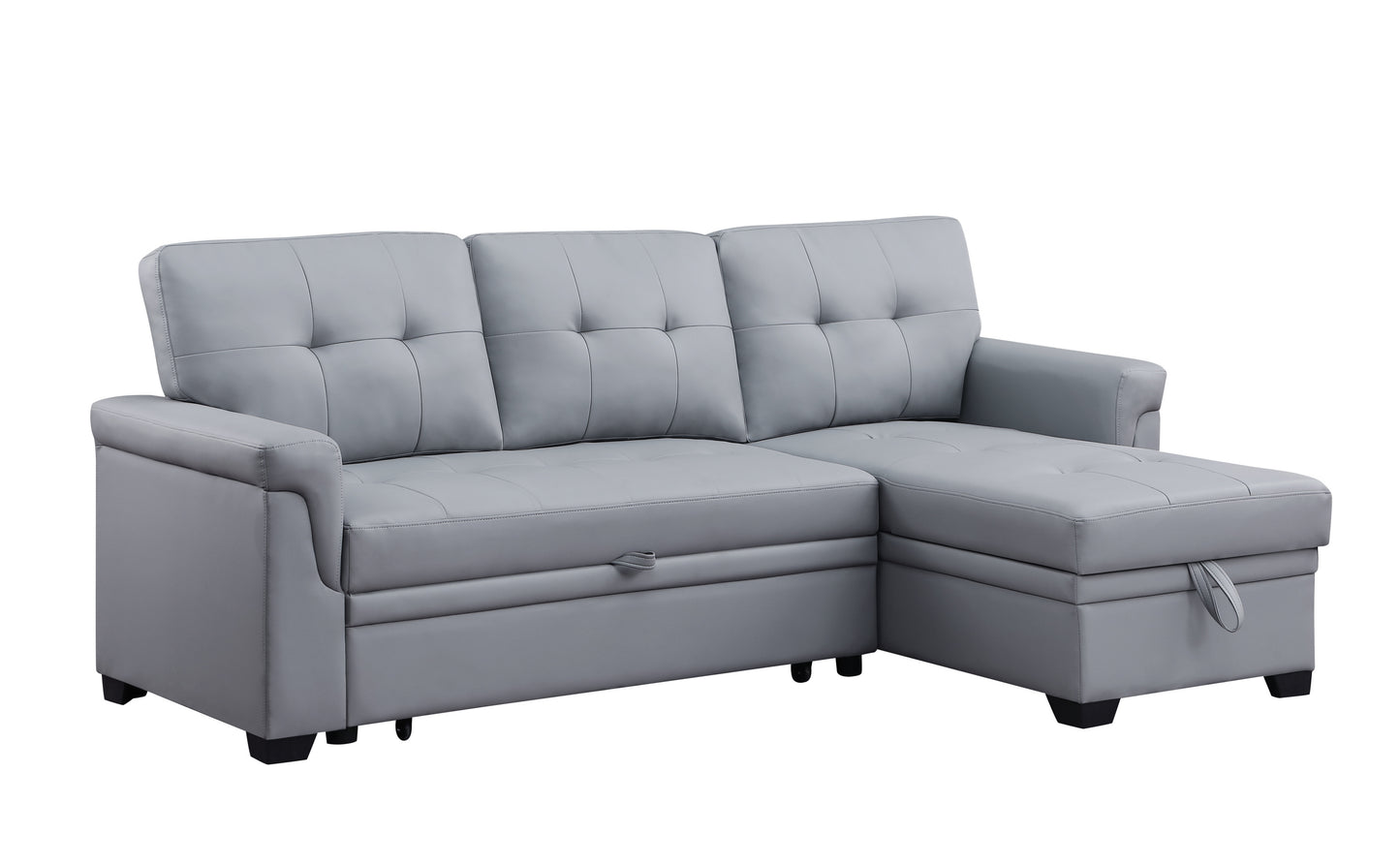 Gray Vegan Leather Sleeper Sectional Sofa with Chaise and Storage