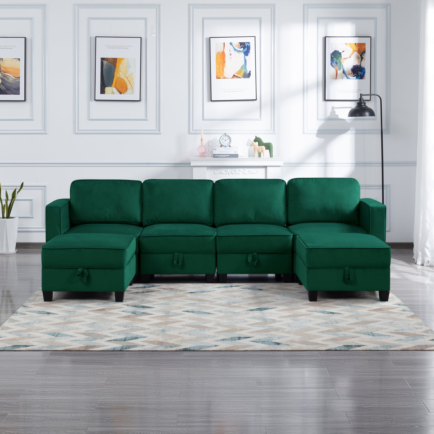 Modular Green Velvet Sectional Sofa with Ottoman and Hidden Storage