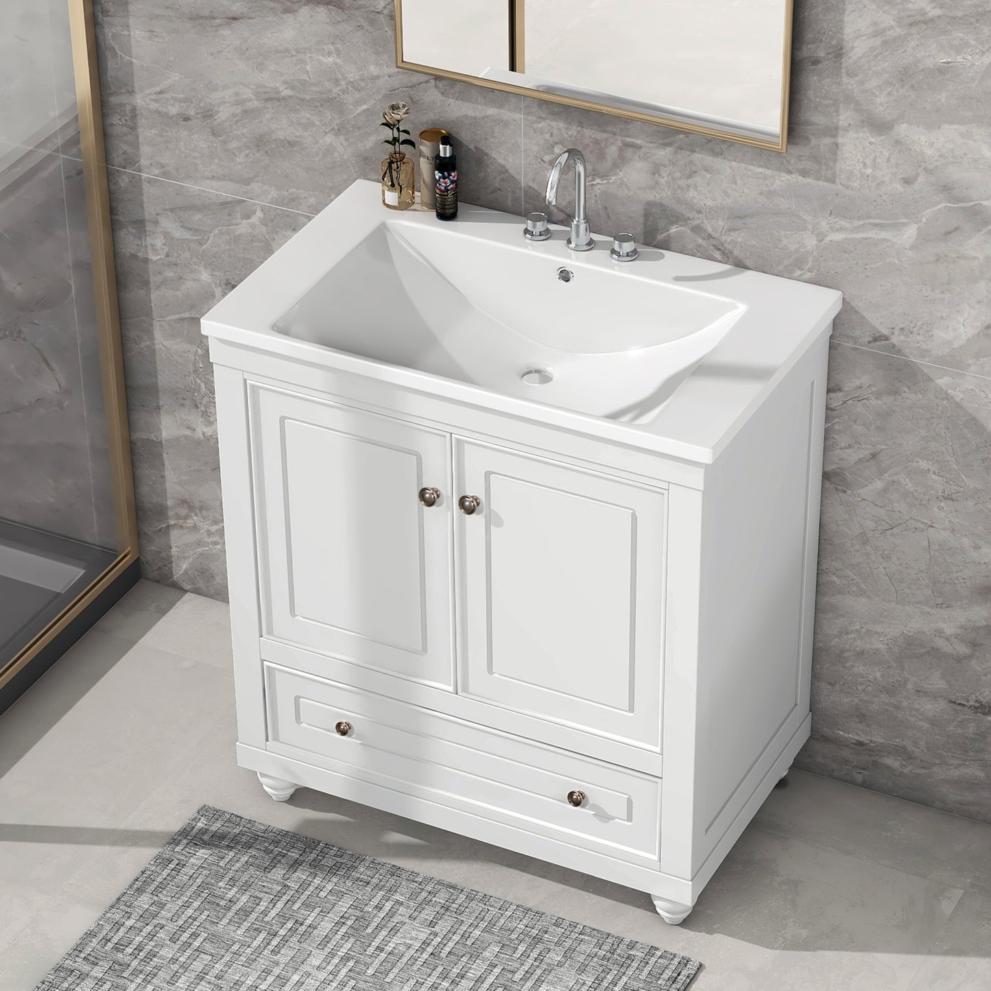 30" Bathroom Vanity with Sink, Combo, Cabinet with Doors and Drawer, Solid Frame and MDF Board, White