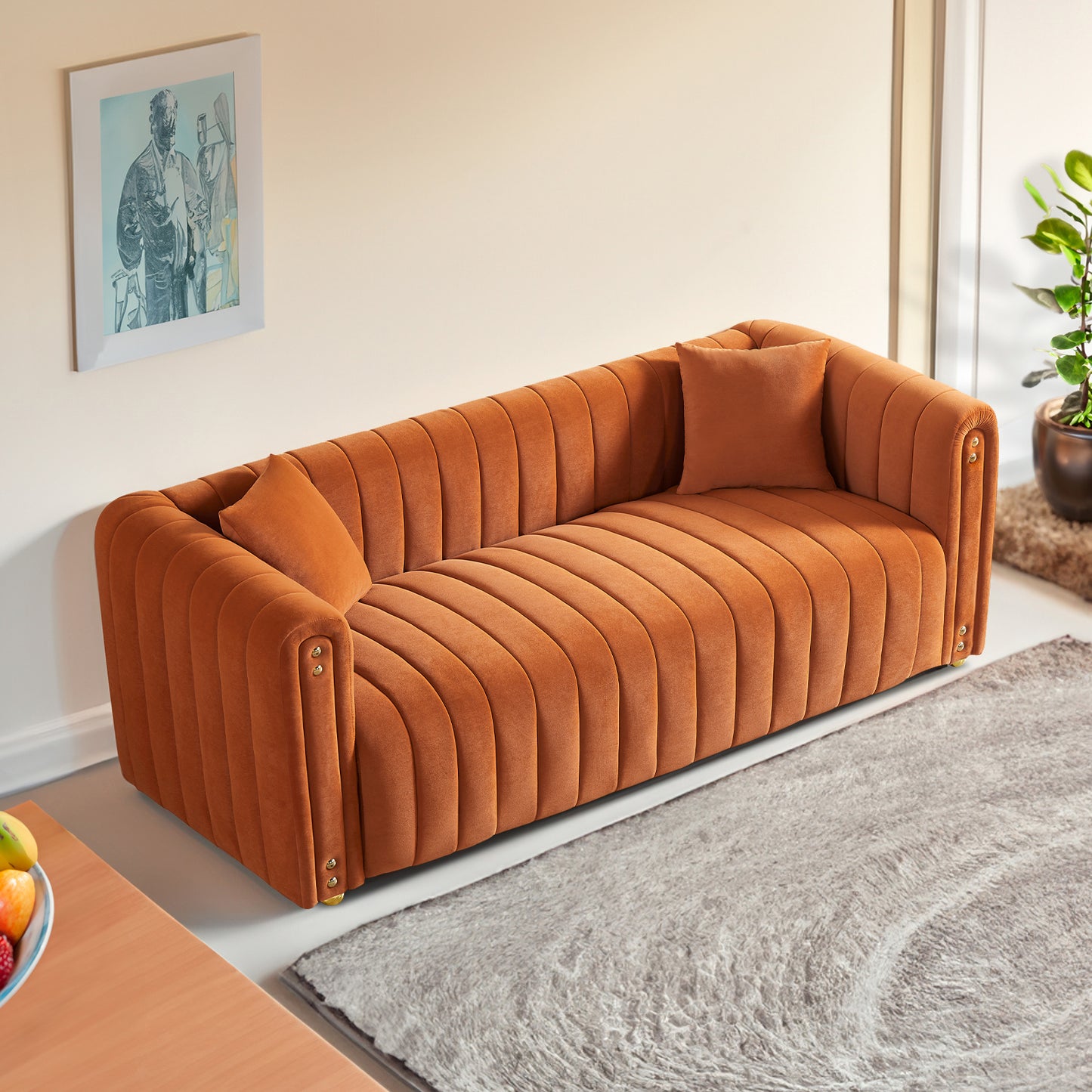 Comfortable 79.92 Orange Velvet Sofa with Vertical Channel Tufting