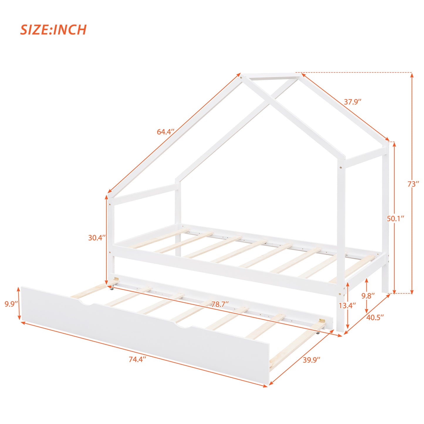 Twin Size Wooden House Bed With Twin Size Trundle, White