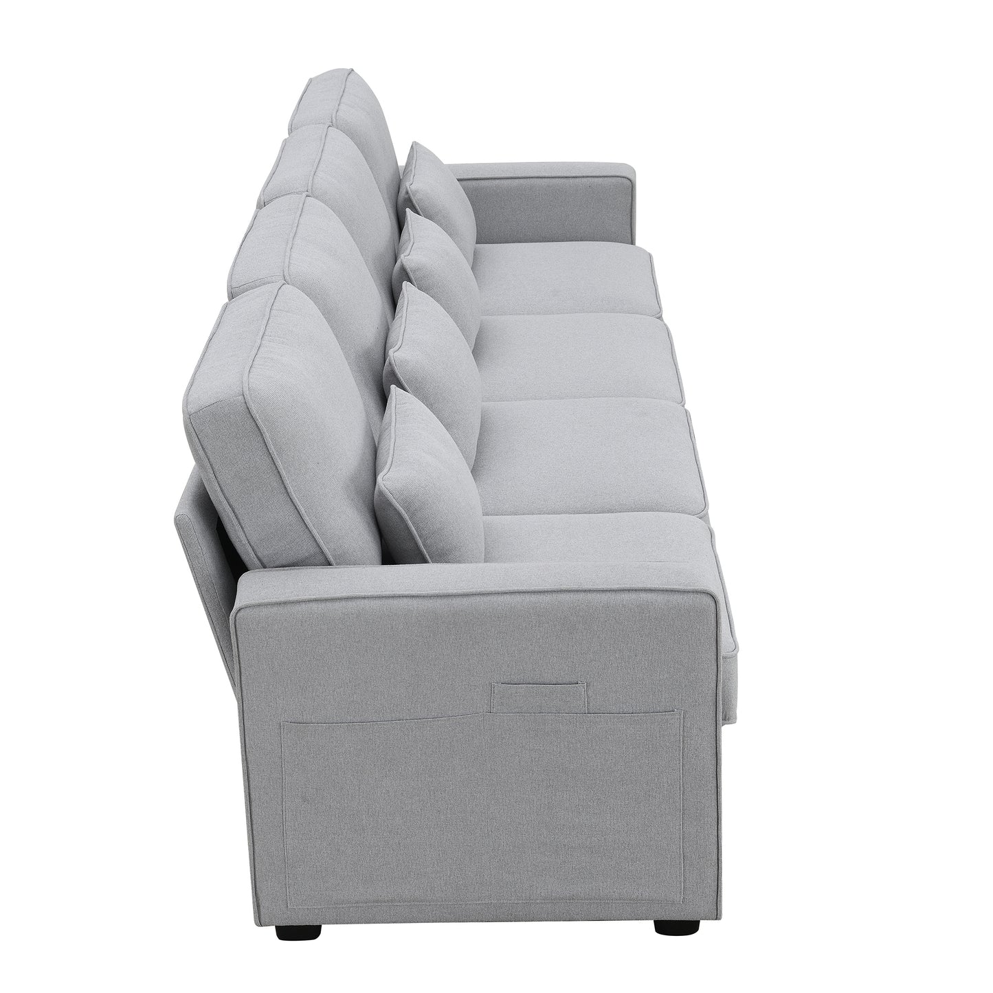 Spacious 4-Seater Linen Fabric Sofa with Armrest Pockets and 4 Pillows