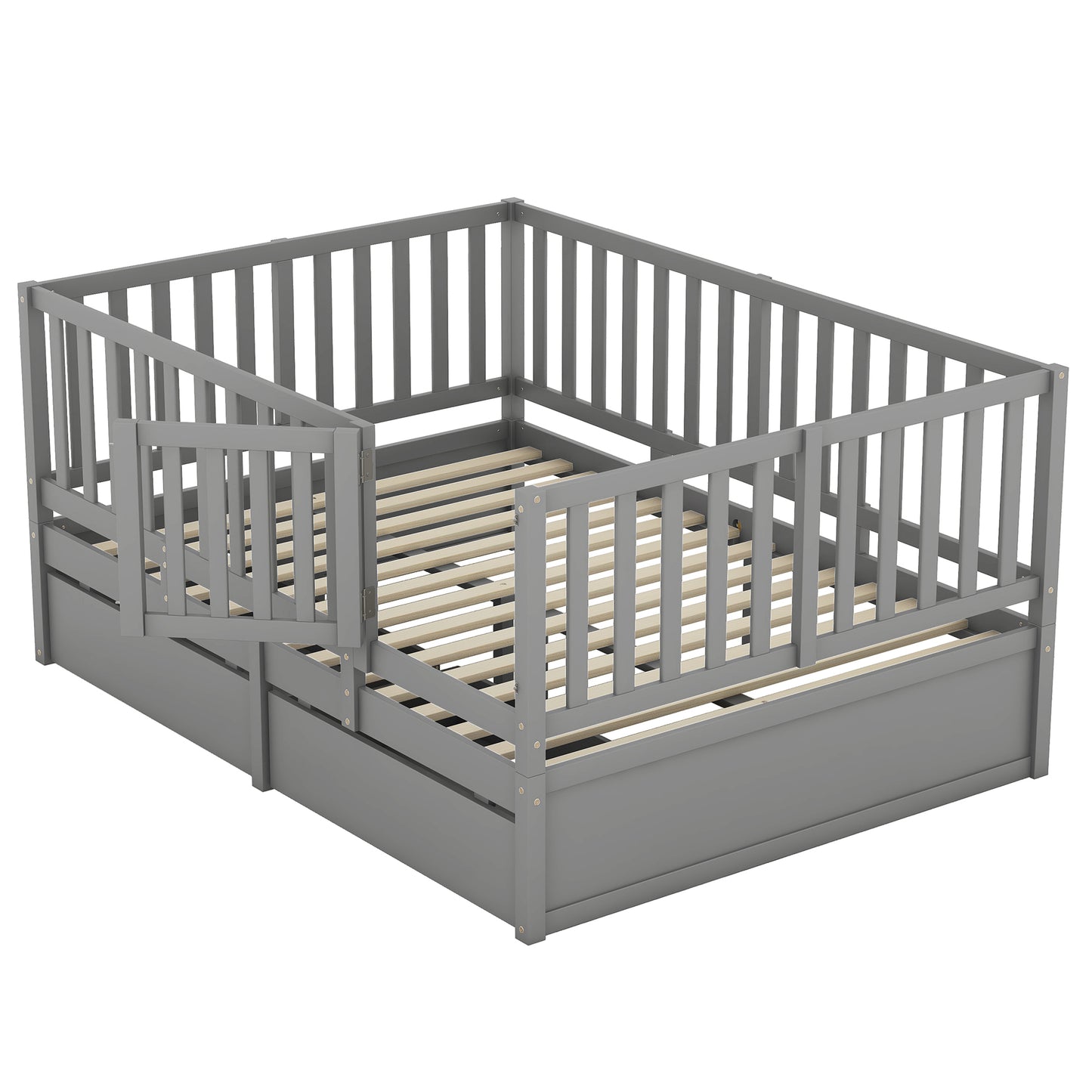 Full Size Wood Daybed with Fence Guardrails and 2 Drawers, Used as Independent Floor Bed & Daybed, Gray