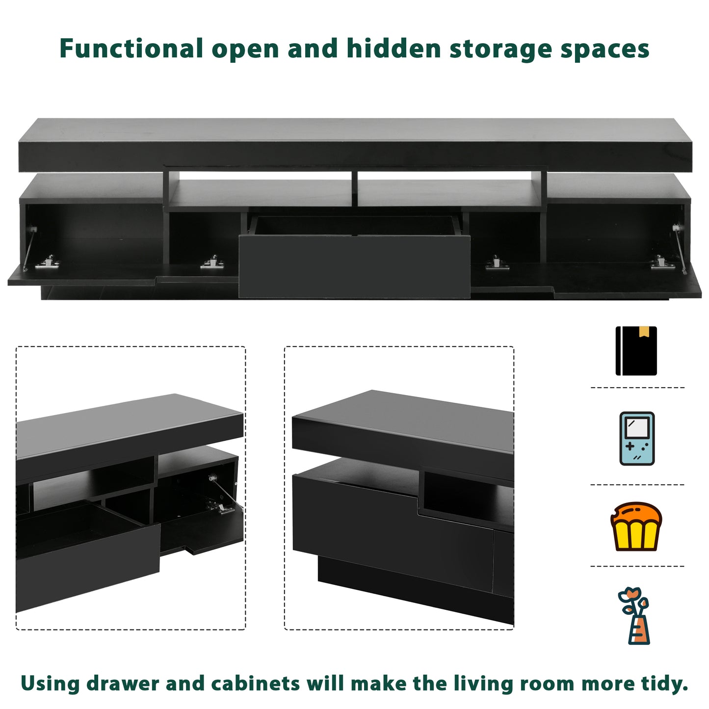 Sleek Black TV Stand with LED Lighting and Multi-Storage Options for 75 Inch TV