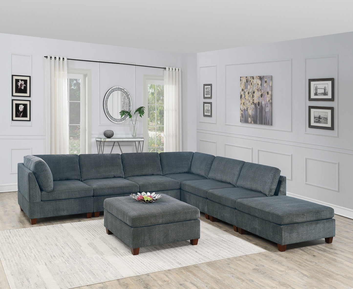 Luxurious Grey Chenille Modular Sectional Sofa Set with Ottoman