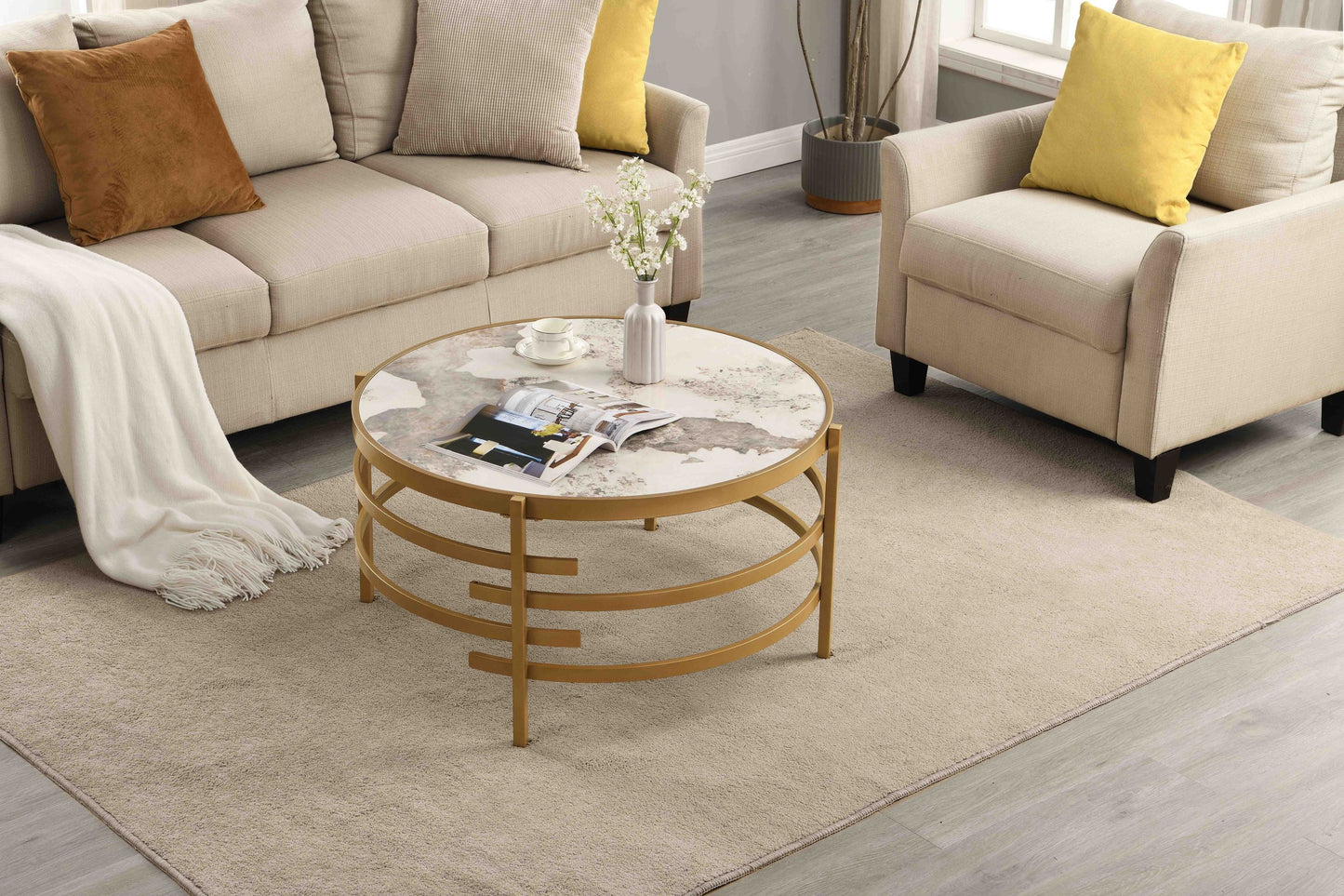 Sleek 32.48'' Round Coffee Table With Sintered Stone Top, Durable Metal Frame - Elegant Living Room Centerpiece, Golden