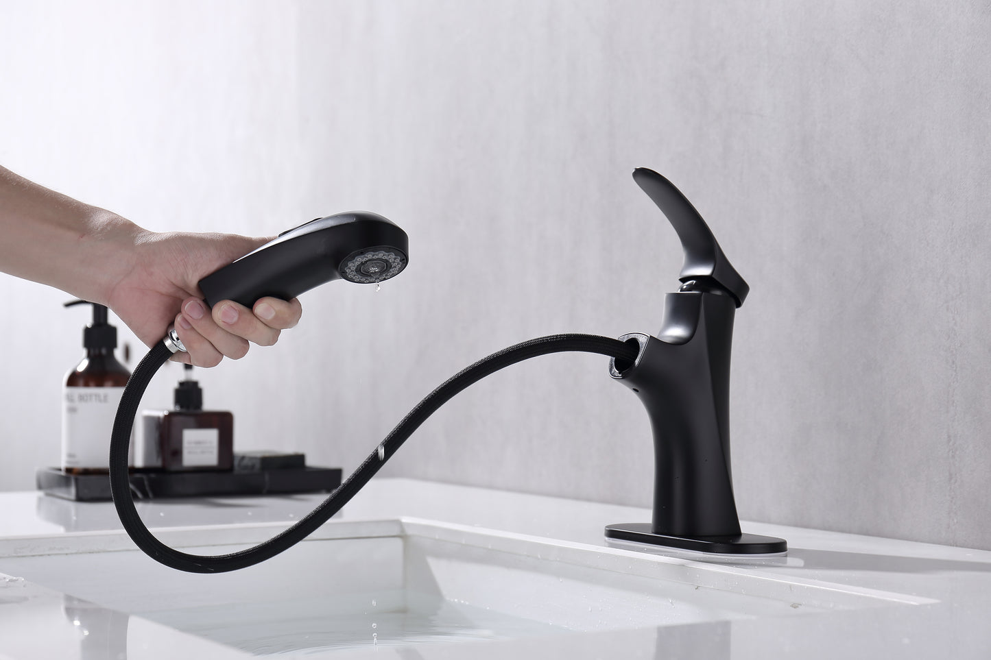 Modern Black Bathroom Faucet with Pull Down Sprayer and Single Handle