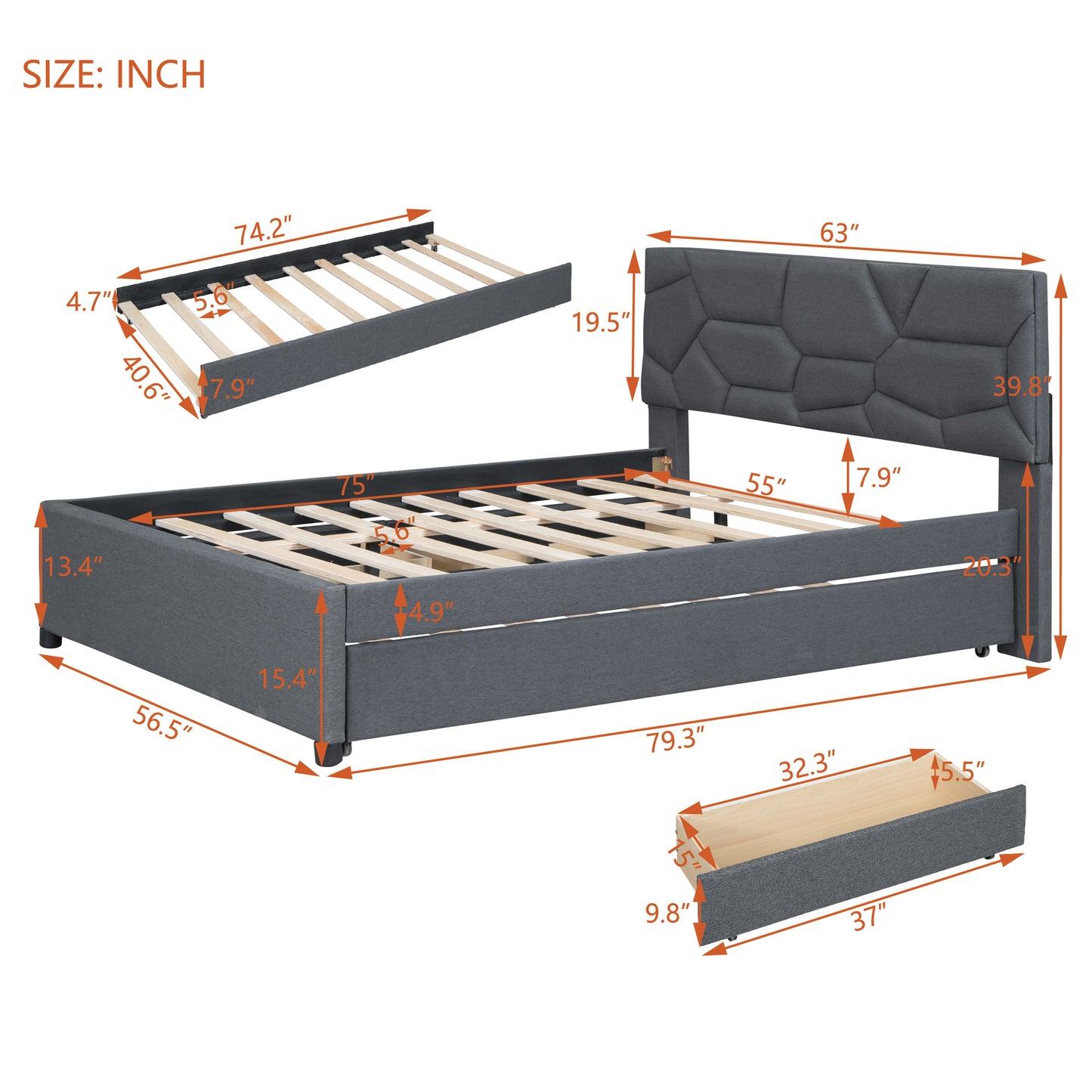 Full Size Upholstered Platform Bed with Brick Pattern Headboard, with Twin Size Trundle and 2 Drawers, Linen Fabric, Gray