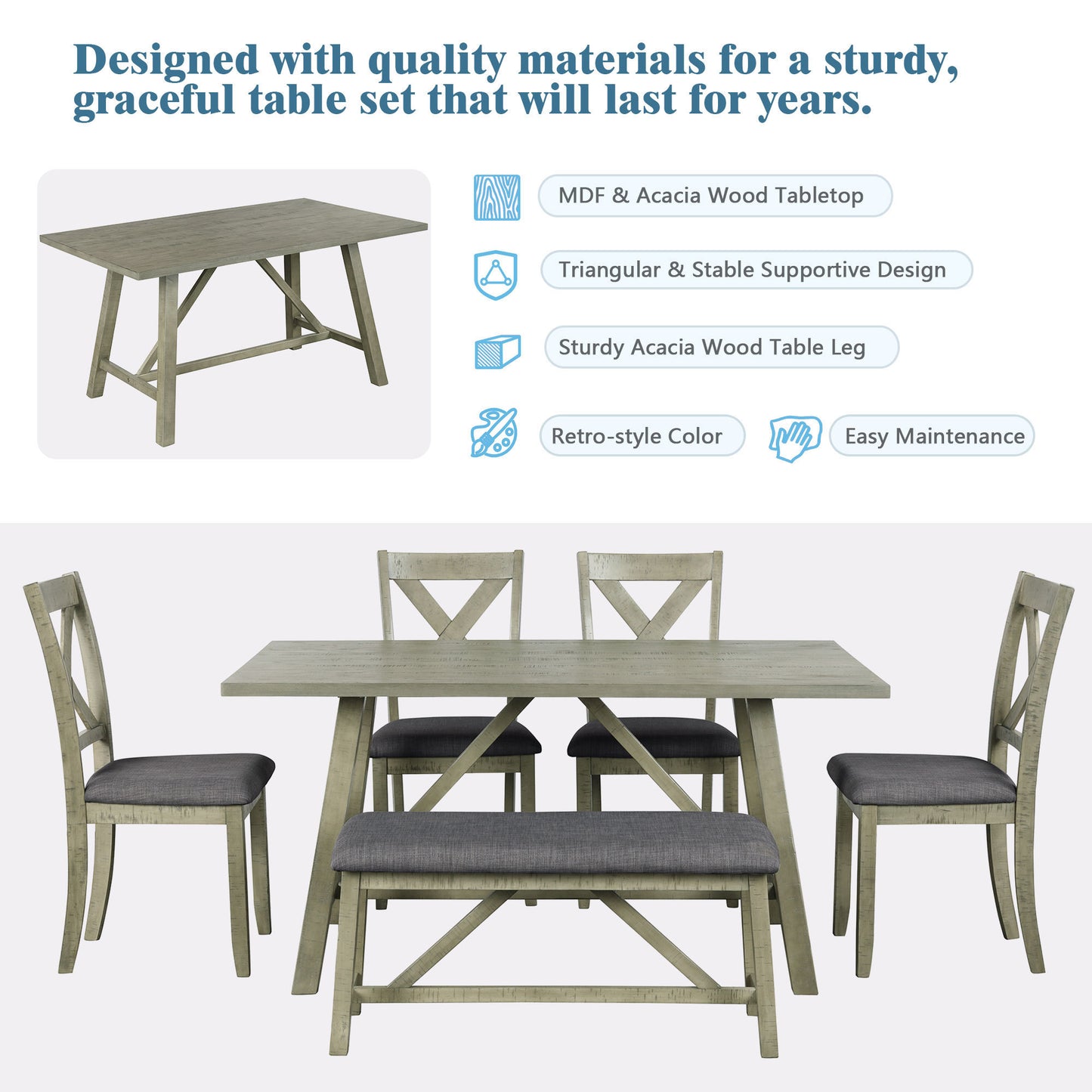 6 Piece Dining Table Set Wood Dining Table and chair Kitchen Table Set with Table, Bench and 4 Chairs, Rustic Style, Gray(No Difference with SH000109AAE)