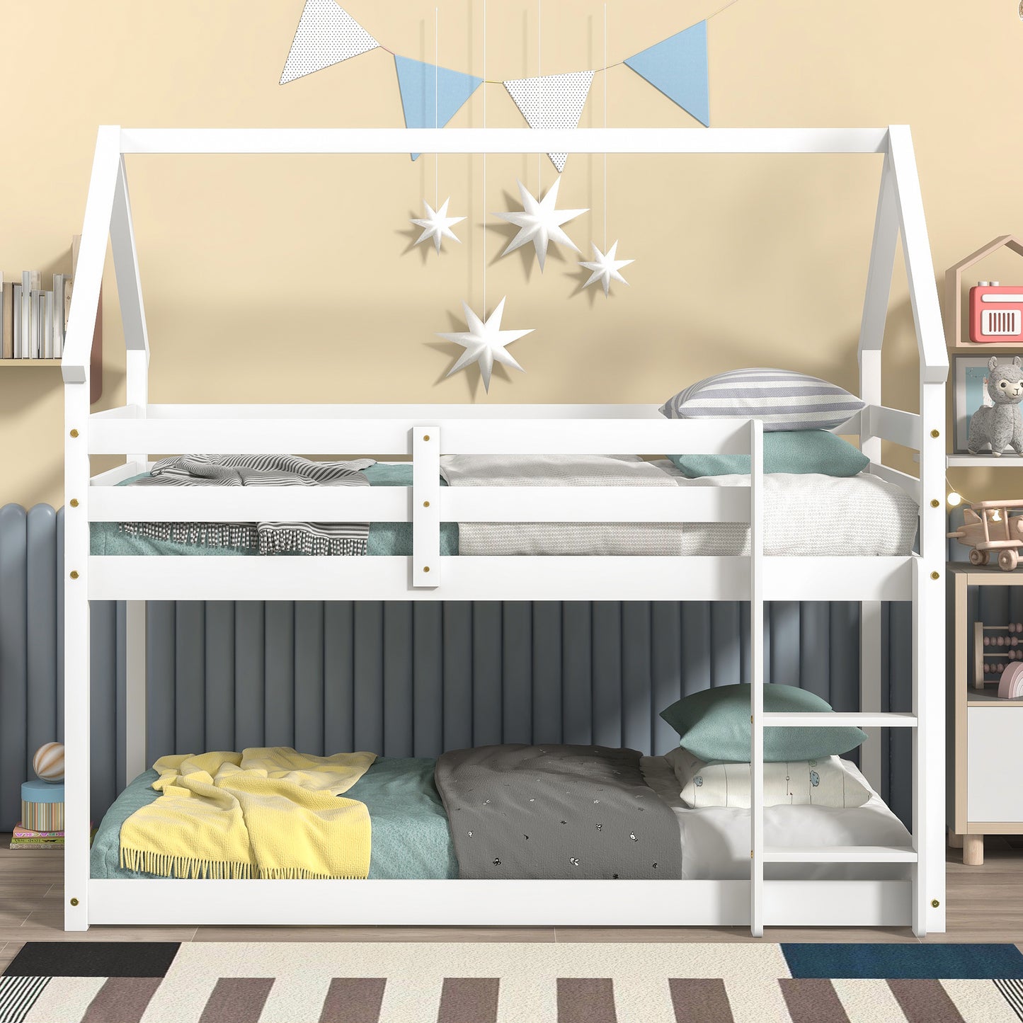 Twin over Twin Loft Bed with Roof Design, Safety Guardrail, Ladder, White