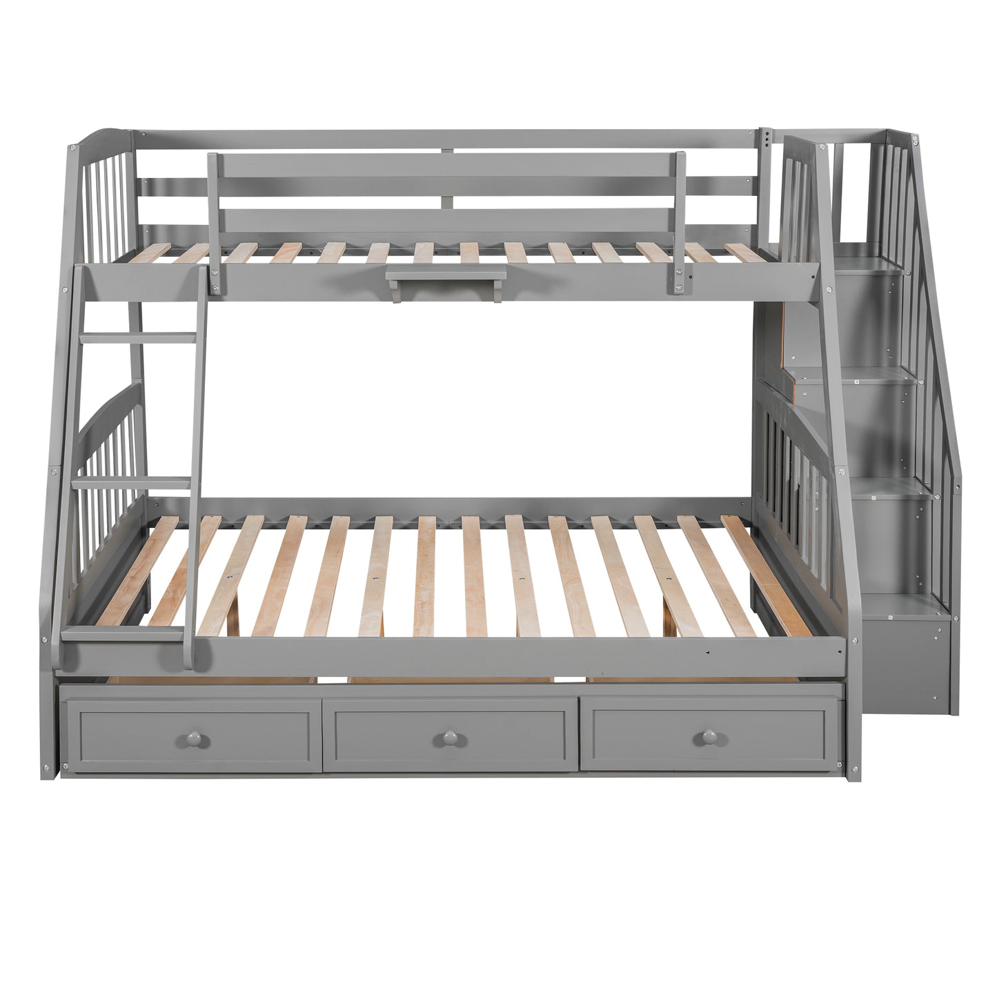 Gray Twin-Over-Full Bunk Bed with Storage Staircase, Ladder, and Drawers