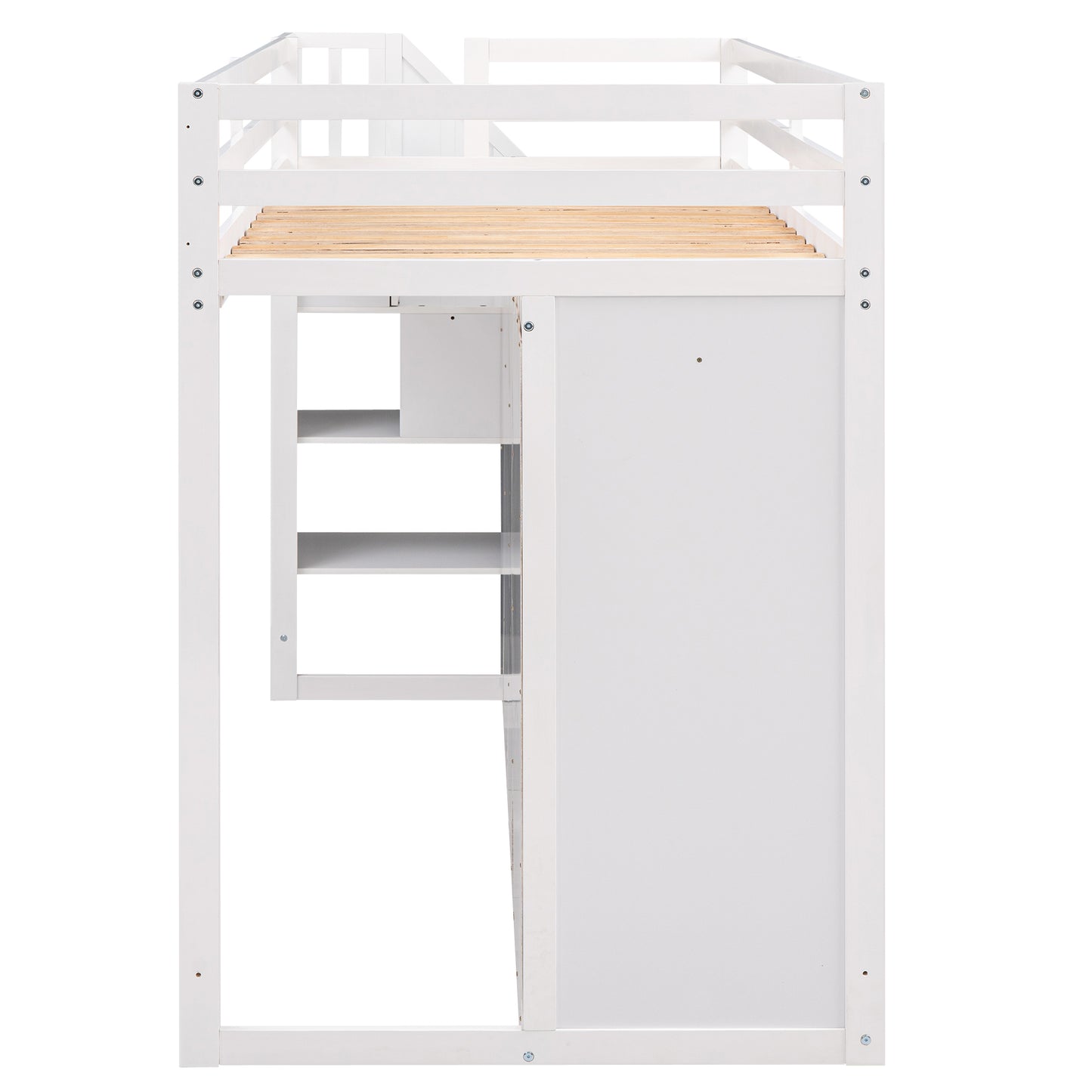 Functional Loft Bed with 3 Shelves, 2 Wardrobes and 2 Drawers,  Ladder with Storage, No Box Spring Needed, White