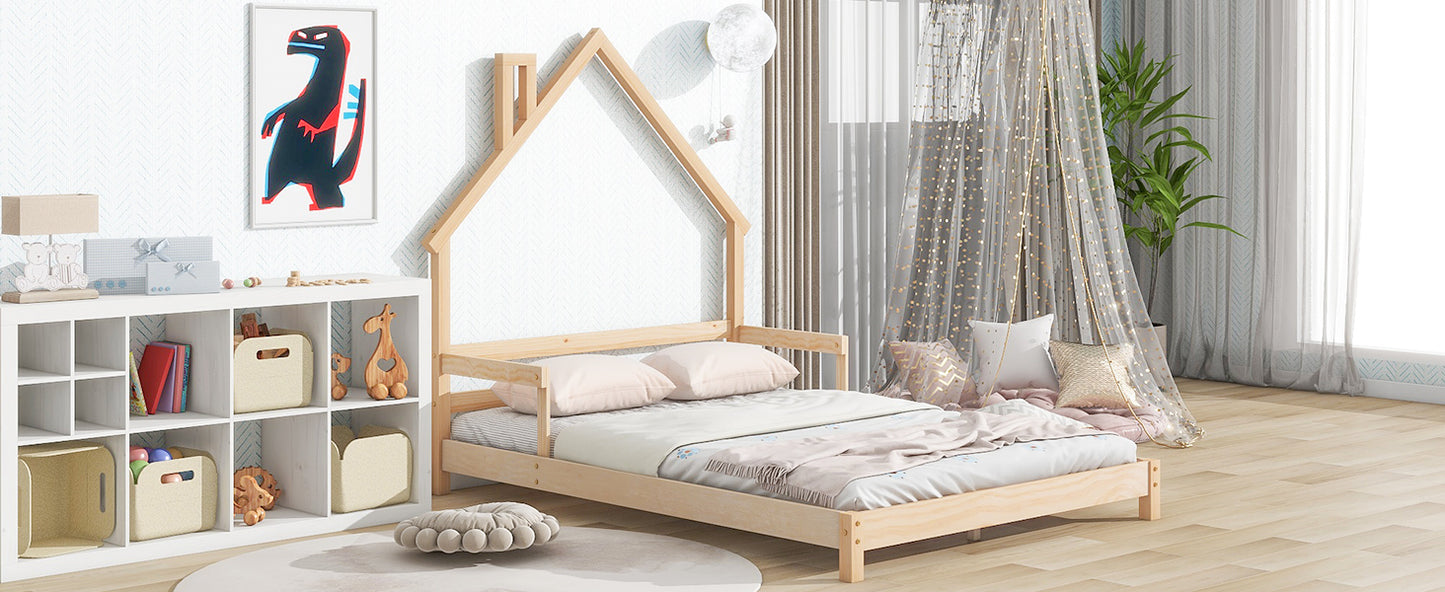 Full House-Shaped Headboard Bed with Handrails ,slats
,Natural