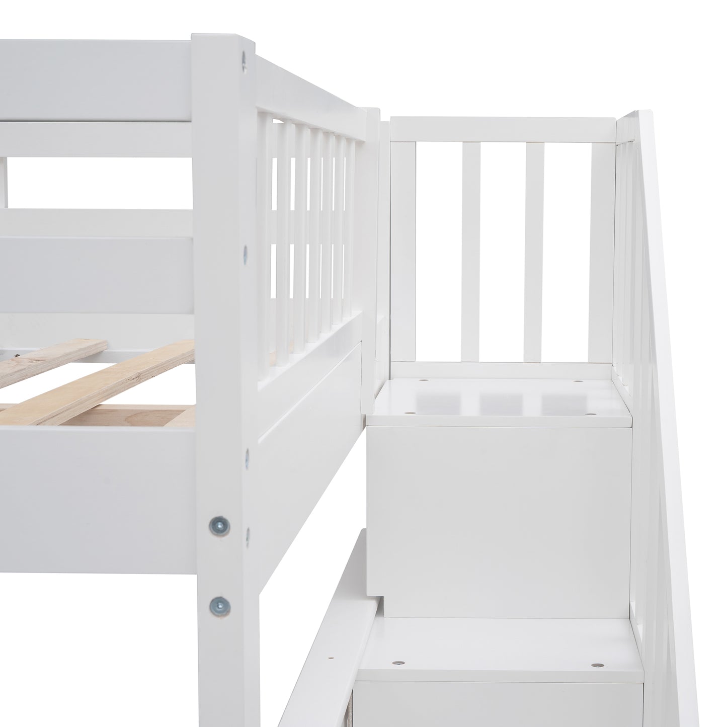 Stairway Full-Over-Full Bunk Bed with Storage, Guard Rail, and White Finish for Bedroom or Dorm with Ultimate Storage and Safety Features