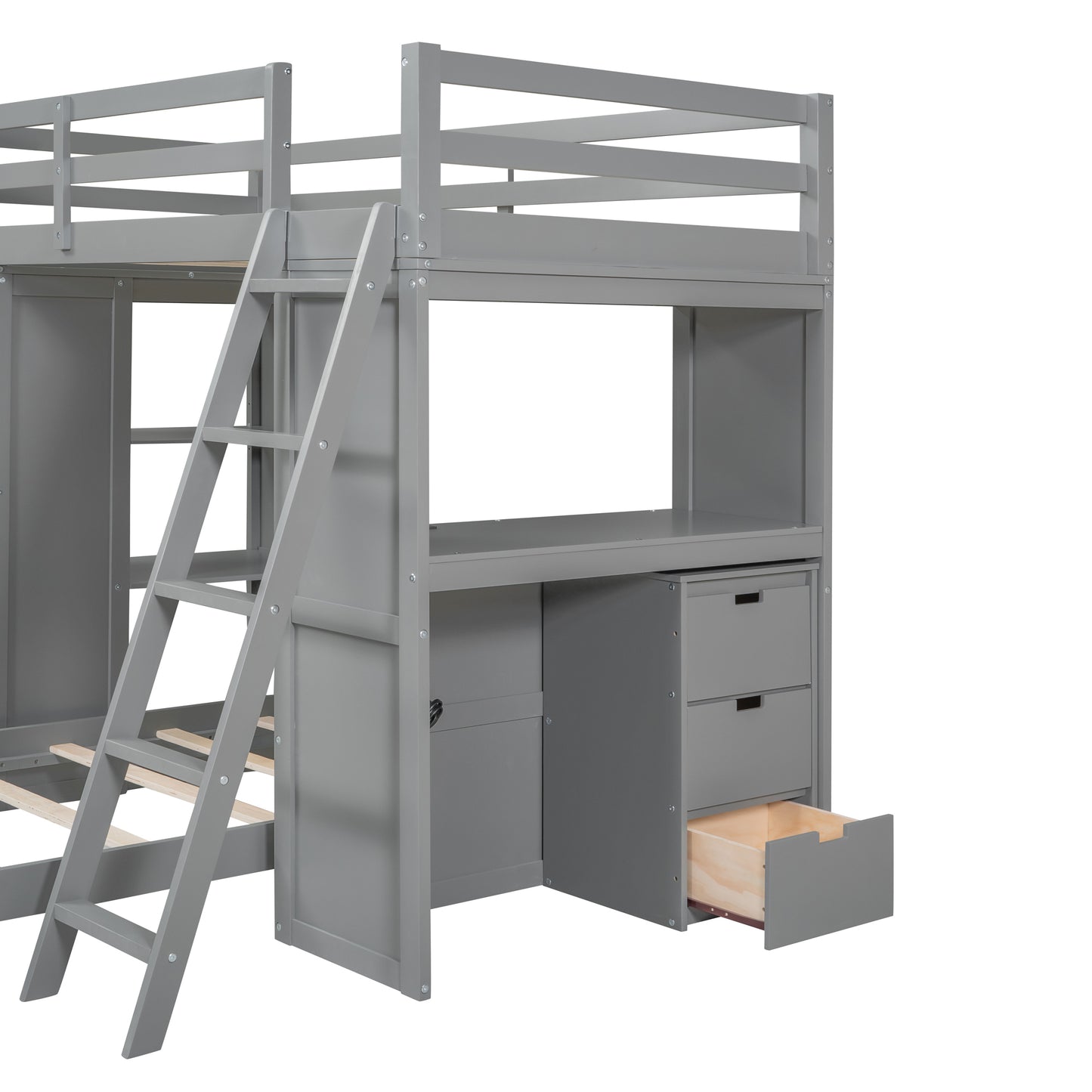 Twin Over Twin Gray Bunk Bed with LED Light, USB Ports, and Storage Space