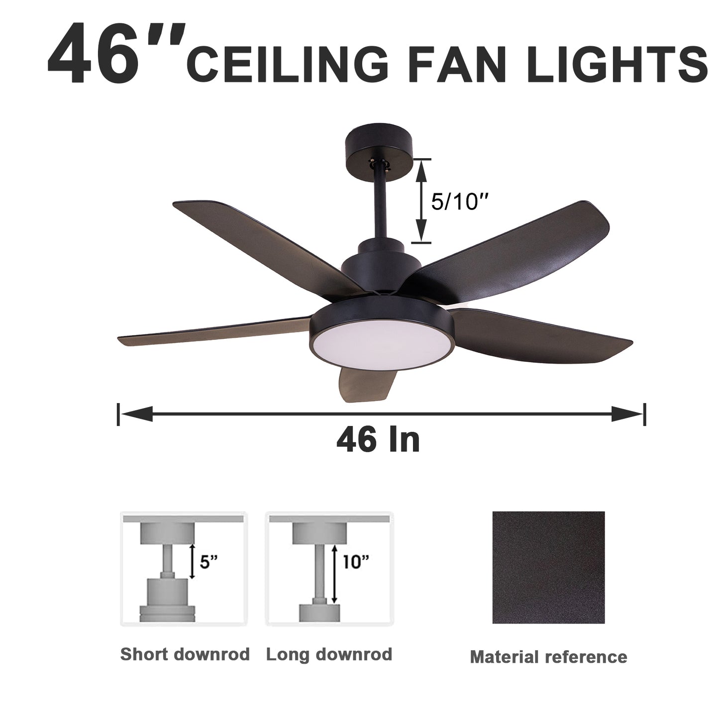 46 Inch Black Ceiling Fan with Dimmable LED Lights